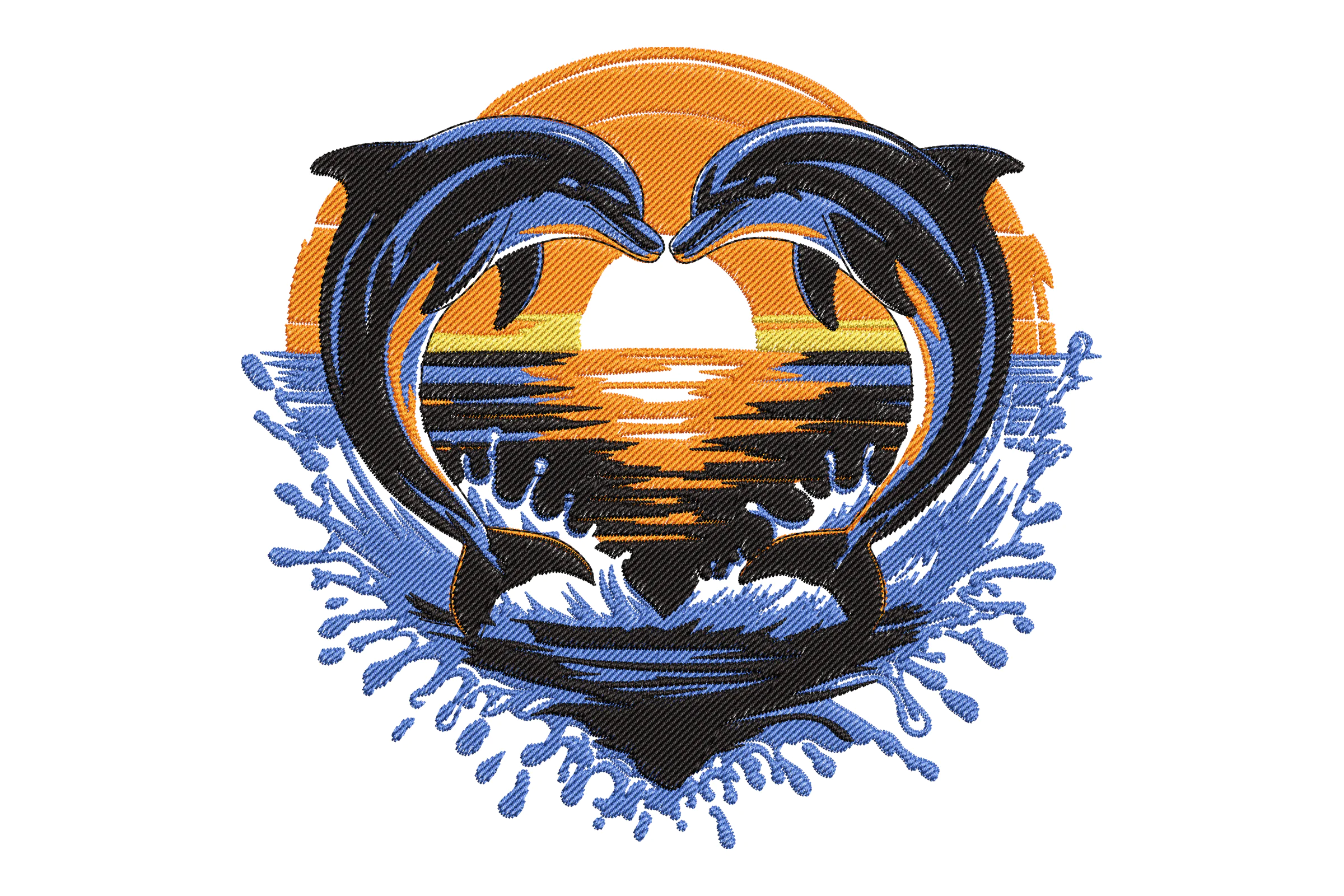 Dolphins with Sunset Heart Embroidery Design