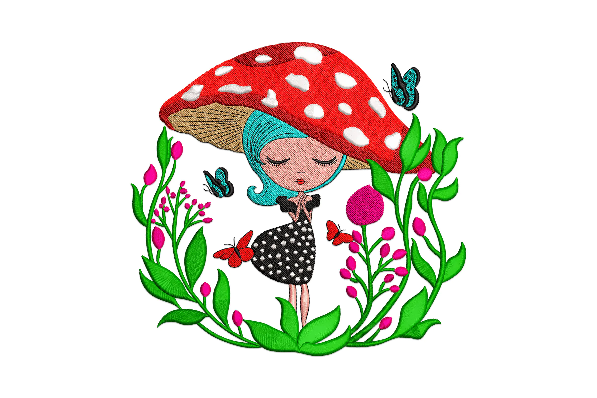 Girl Under Mushroom Embroidery Design