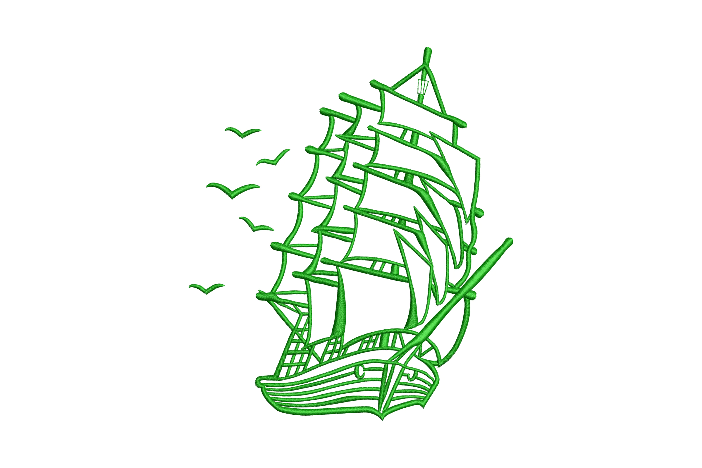 Green Sailing Ship Embroidery Design