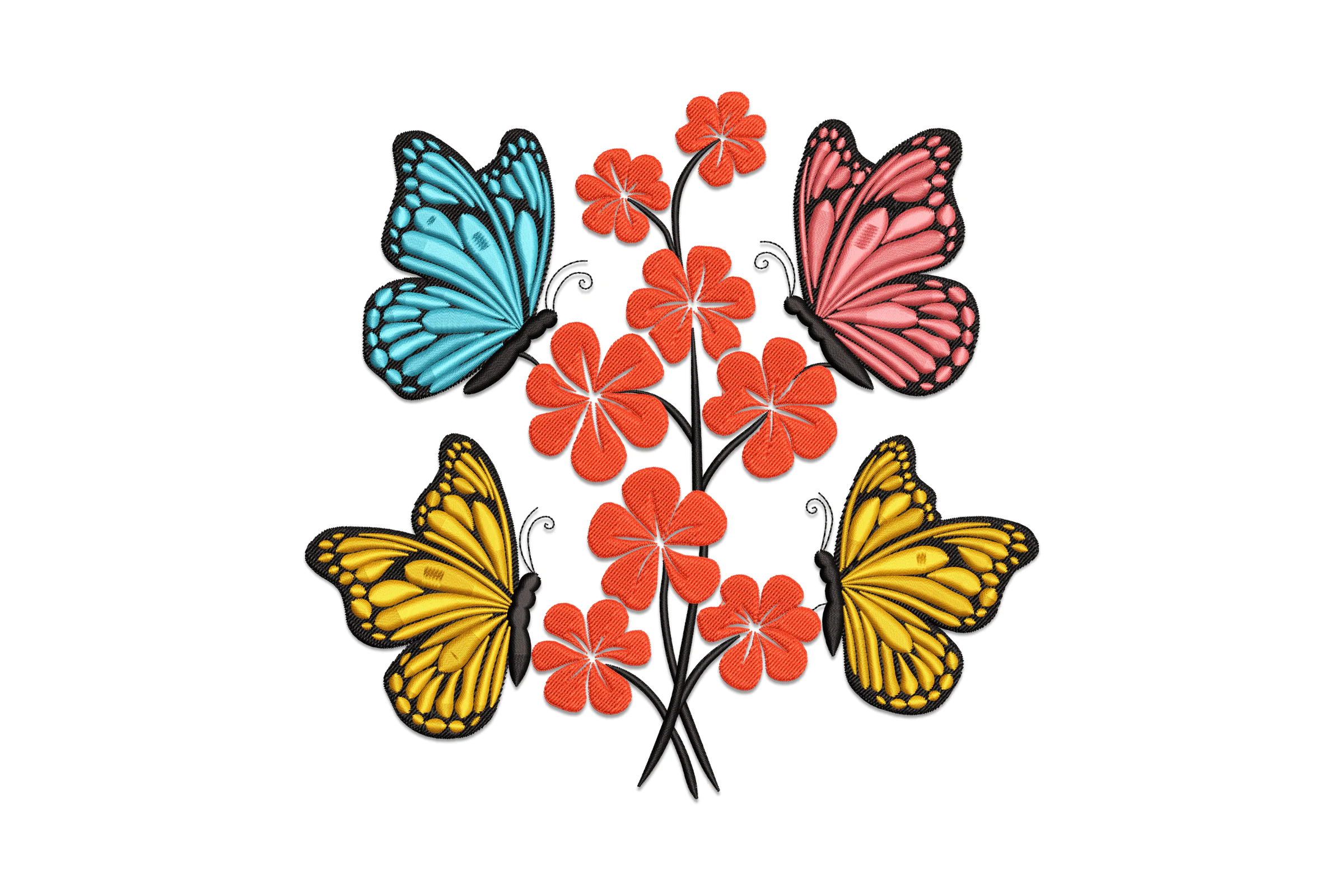 Colorful Butterflies And Flowers Embroidery Design