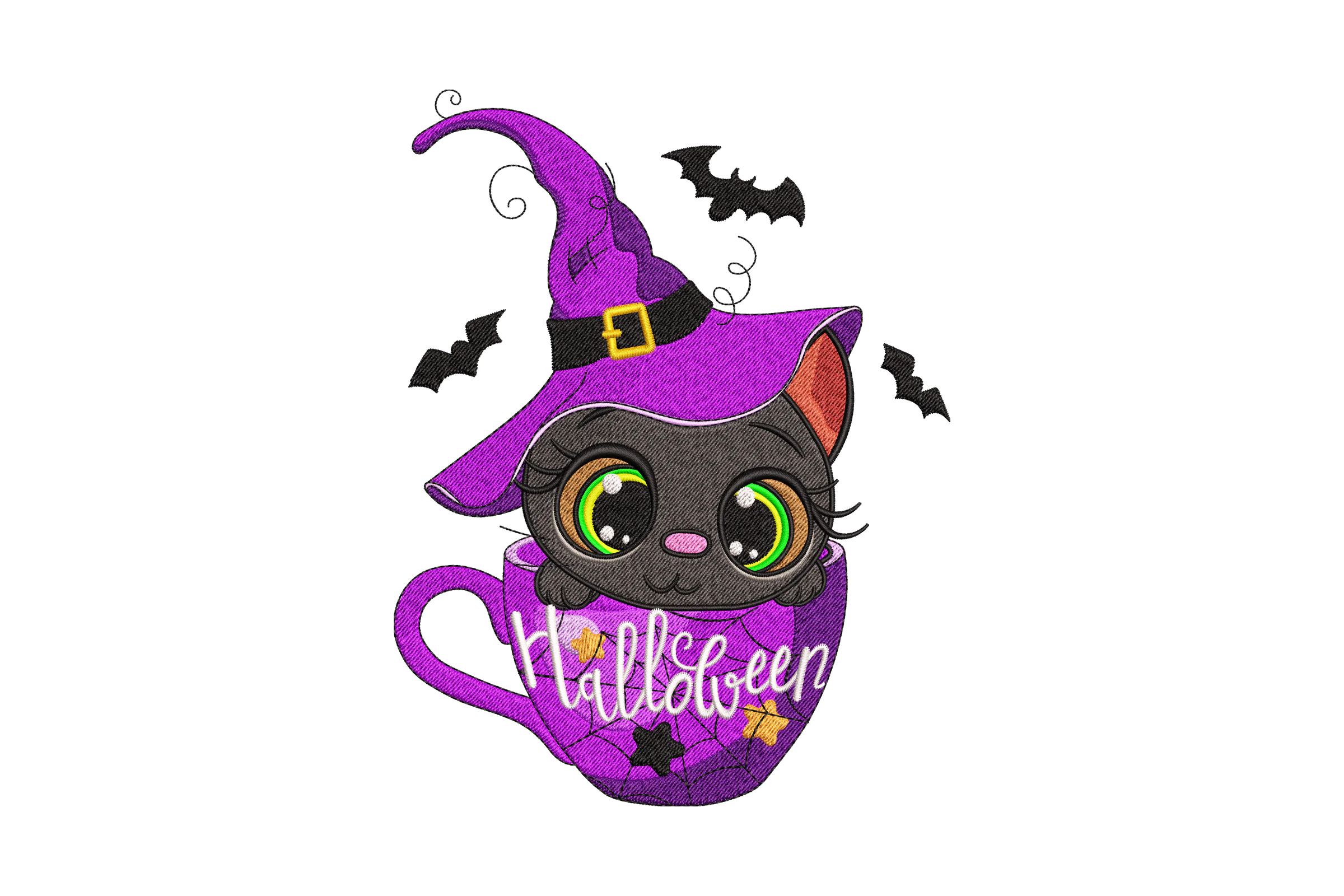 Halloween Cat in Witch Hat Embroidery Design