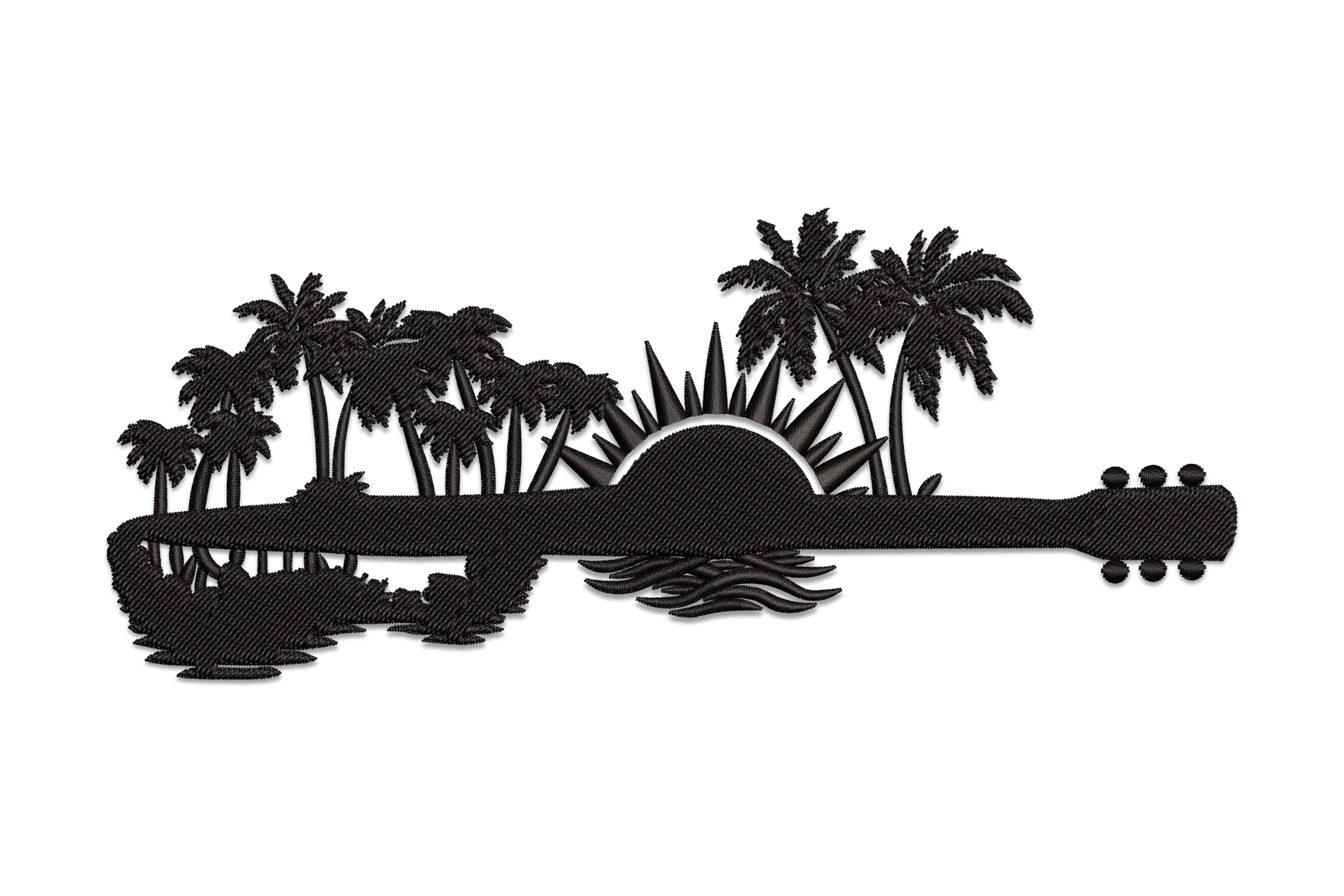 Guitar Embroidery Design with Sunset and Palm Trees
