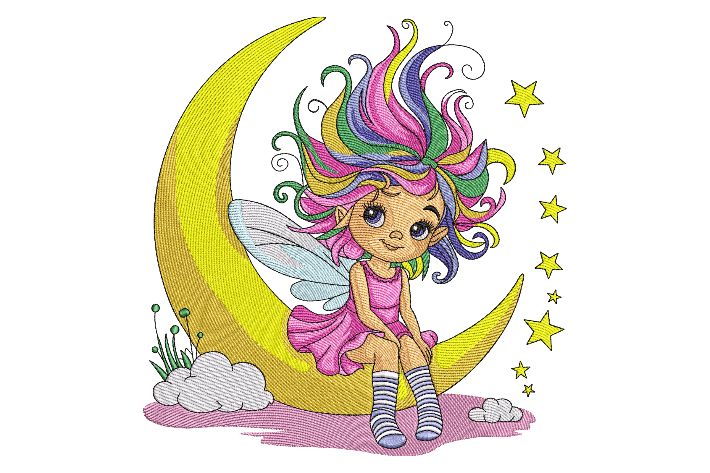Fairy Sitting on Moon Embroidery Design