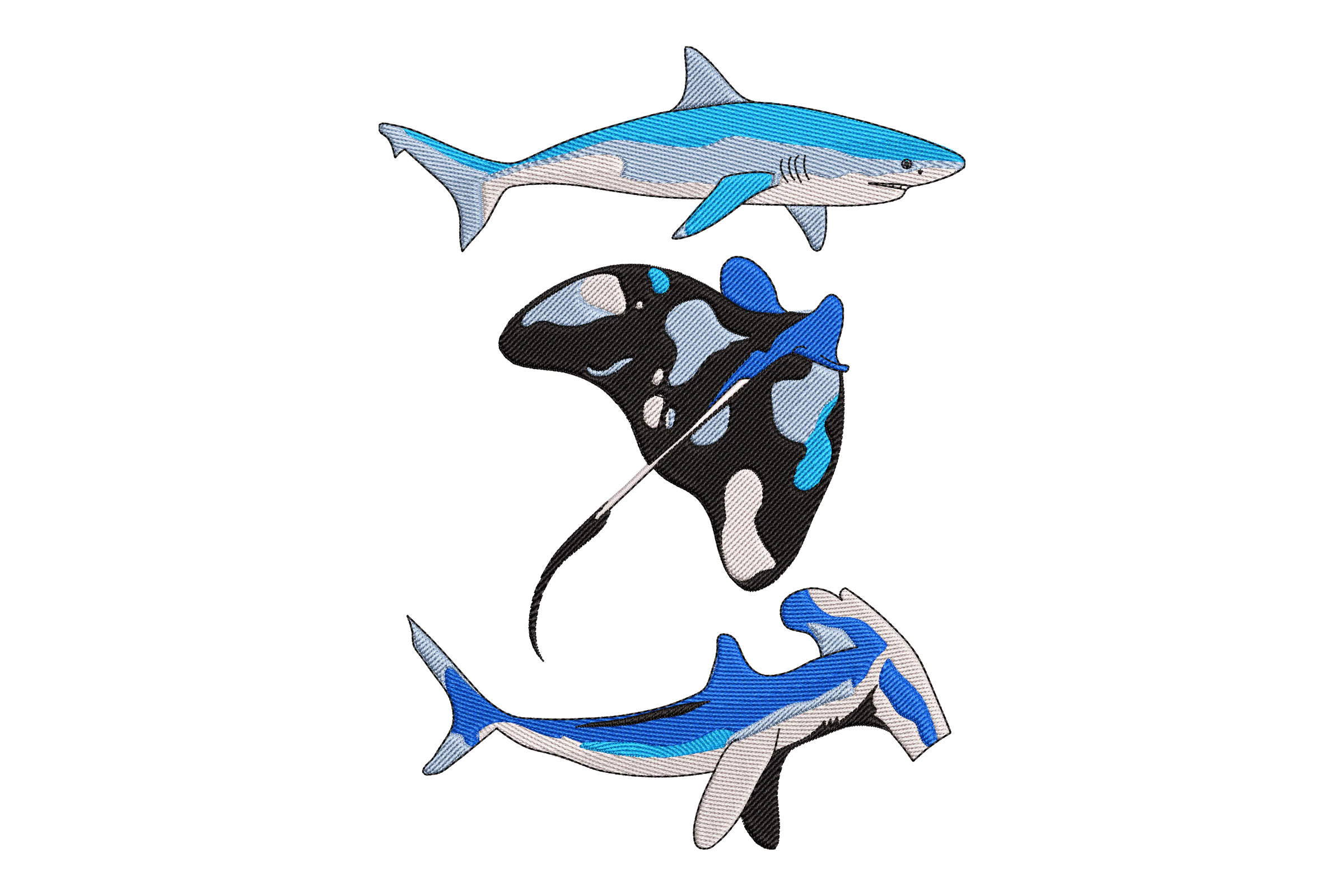 Shark and Stingray Trio Embroidery Design