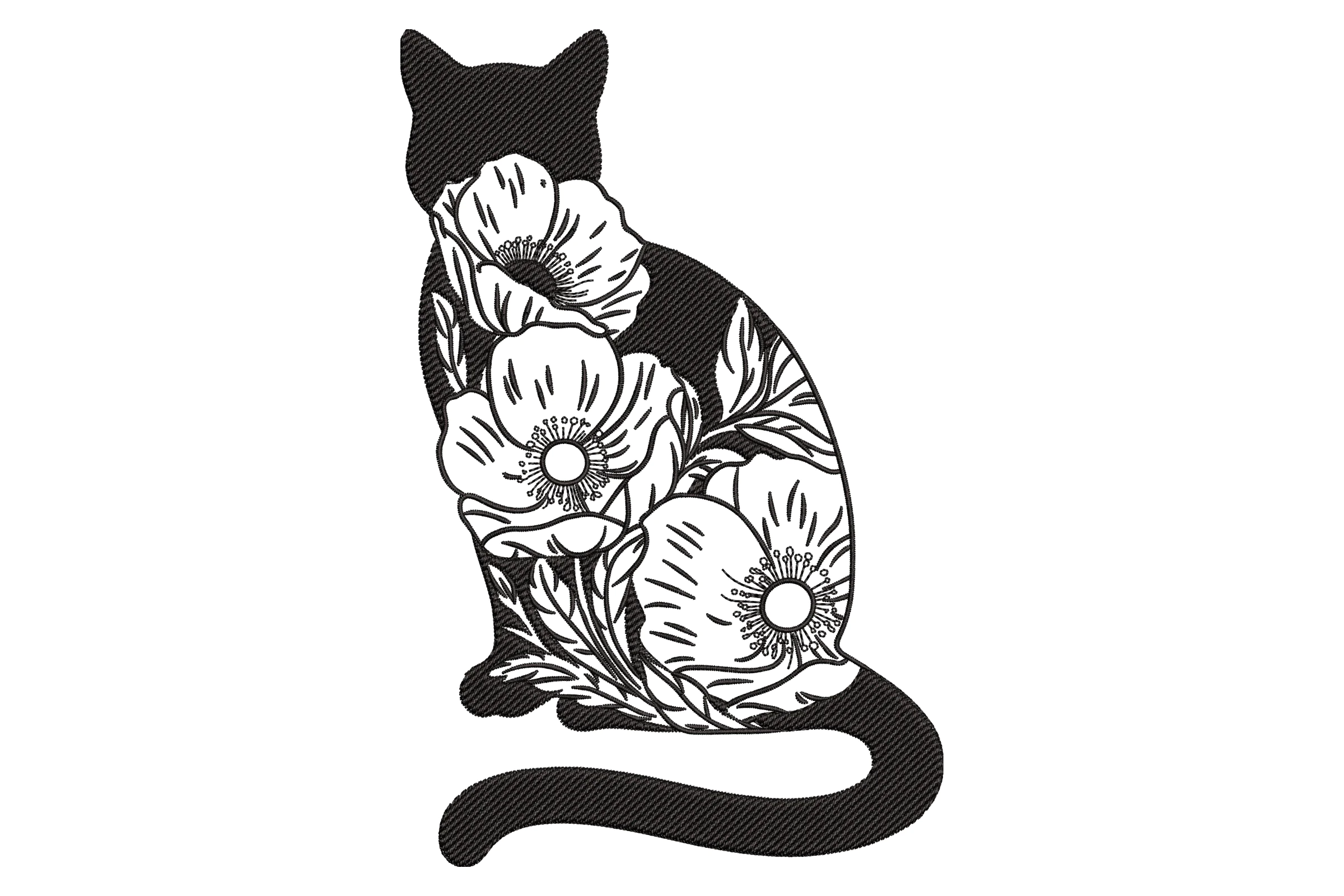 Cat with Flowers Line Art Embroidery Design