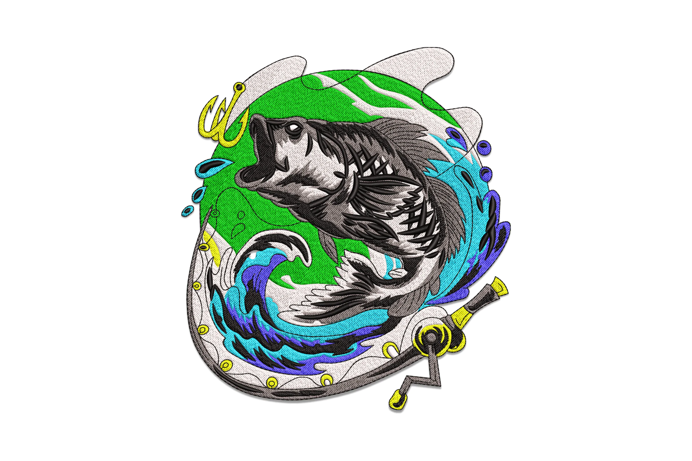 Fishing Catch and Waves Embroidery Design