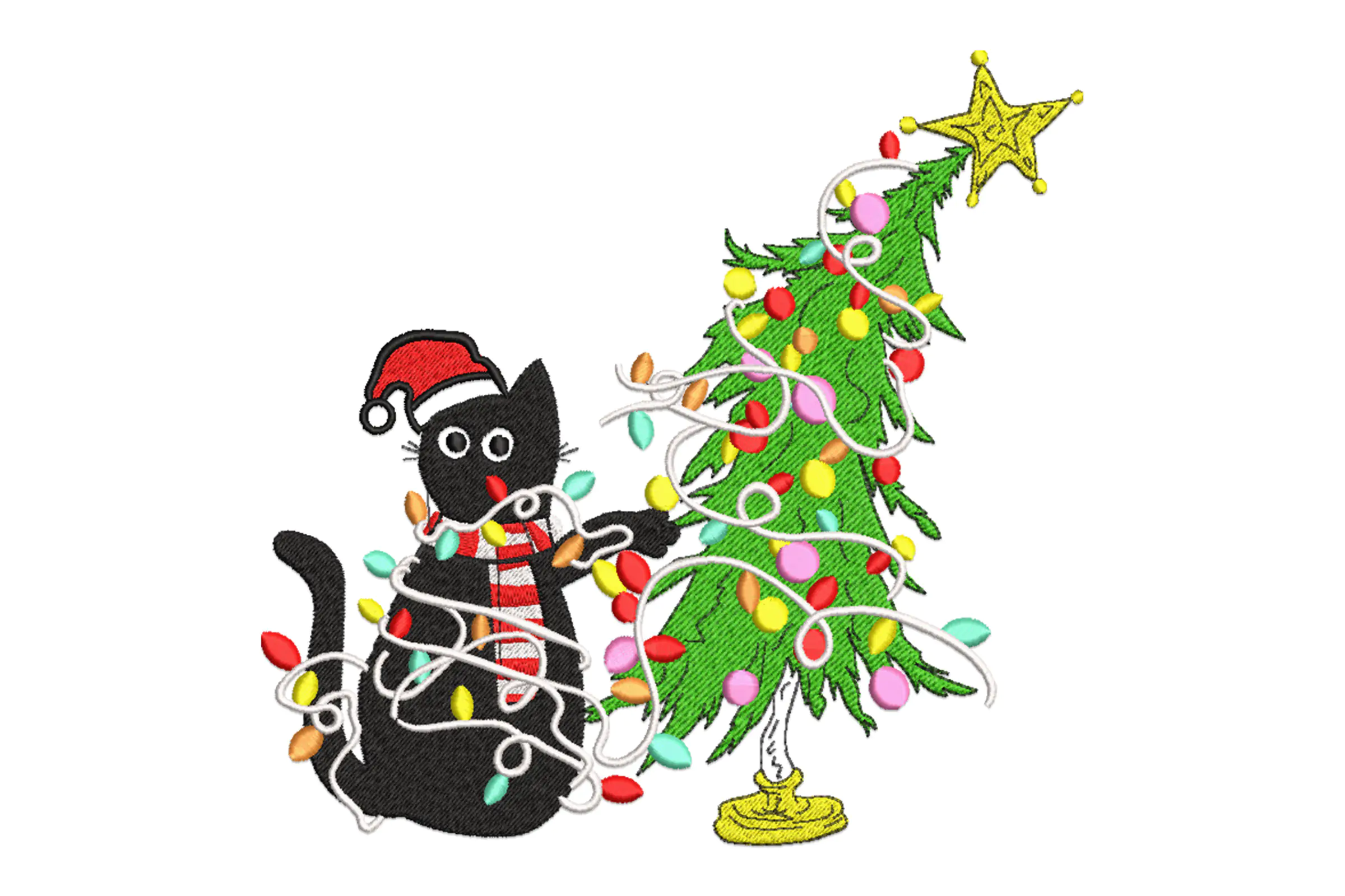 Cat on Christmas Tree Machine Embroidery Design