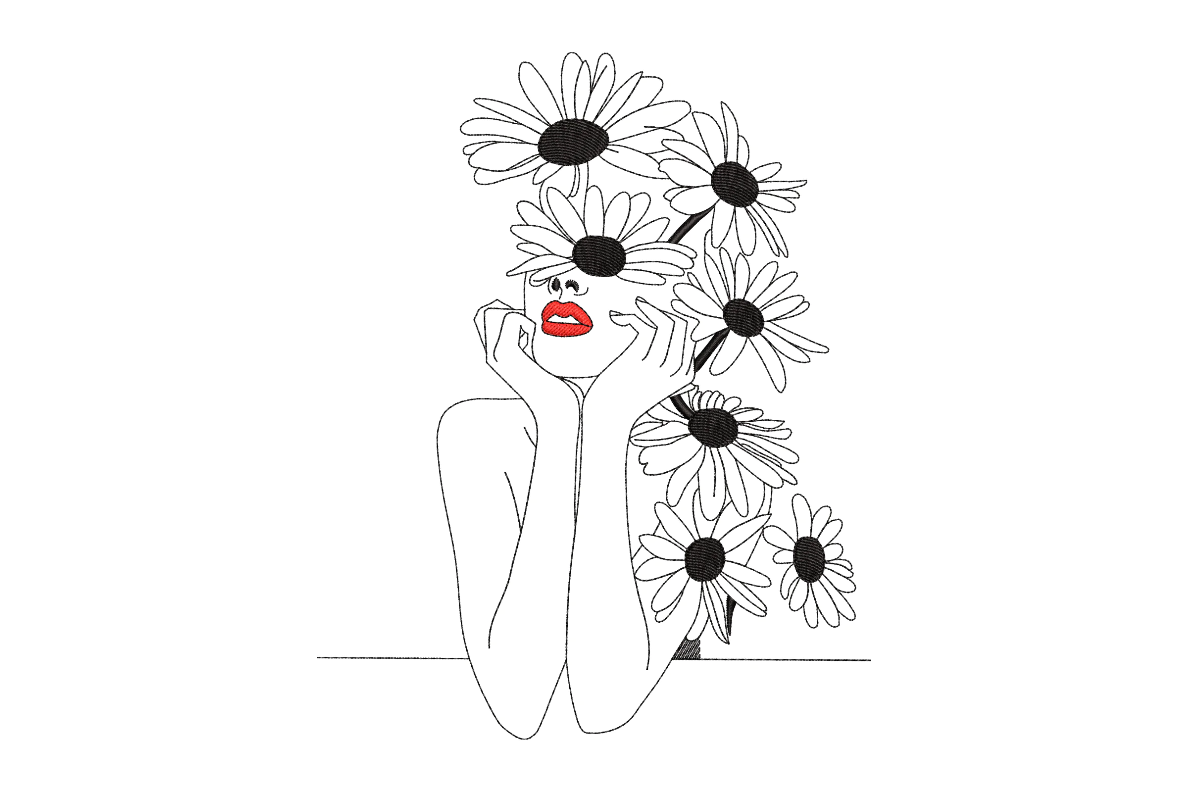 Floral Woman Line Art Embroidery Design