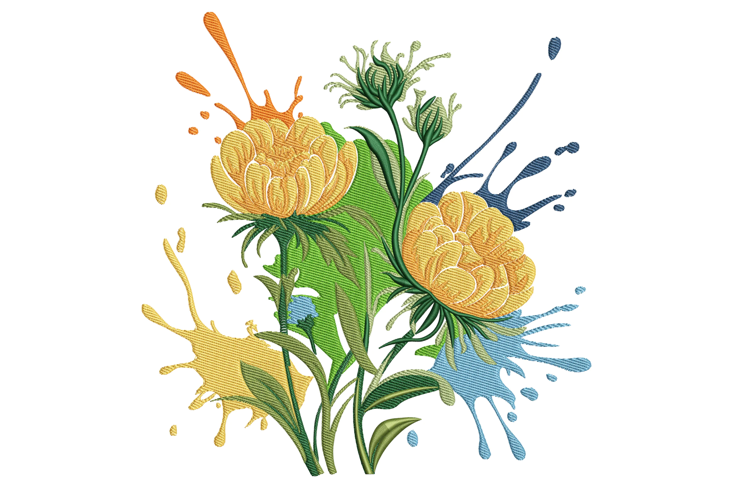 Yellow Flowers with Paint Splashes Embroidery Design