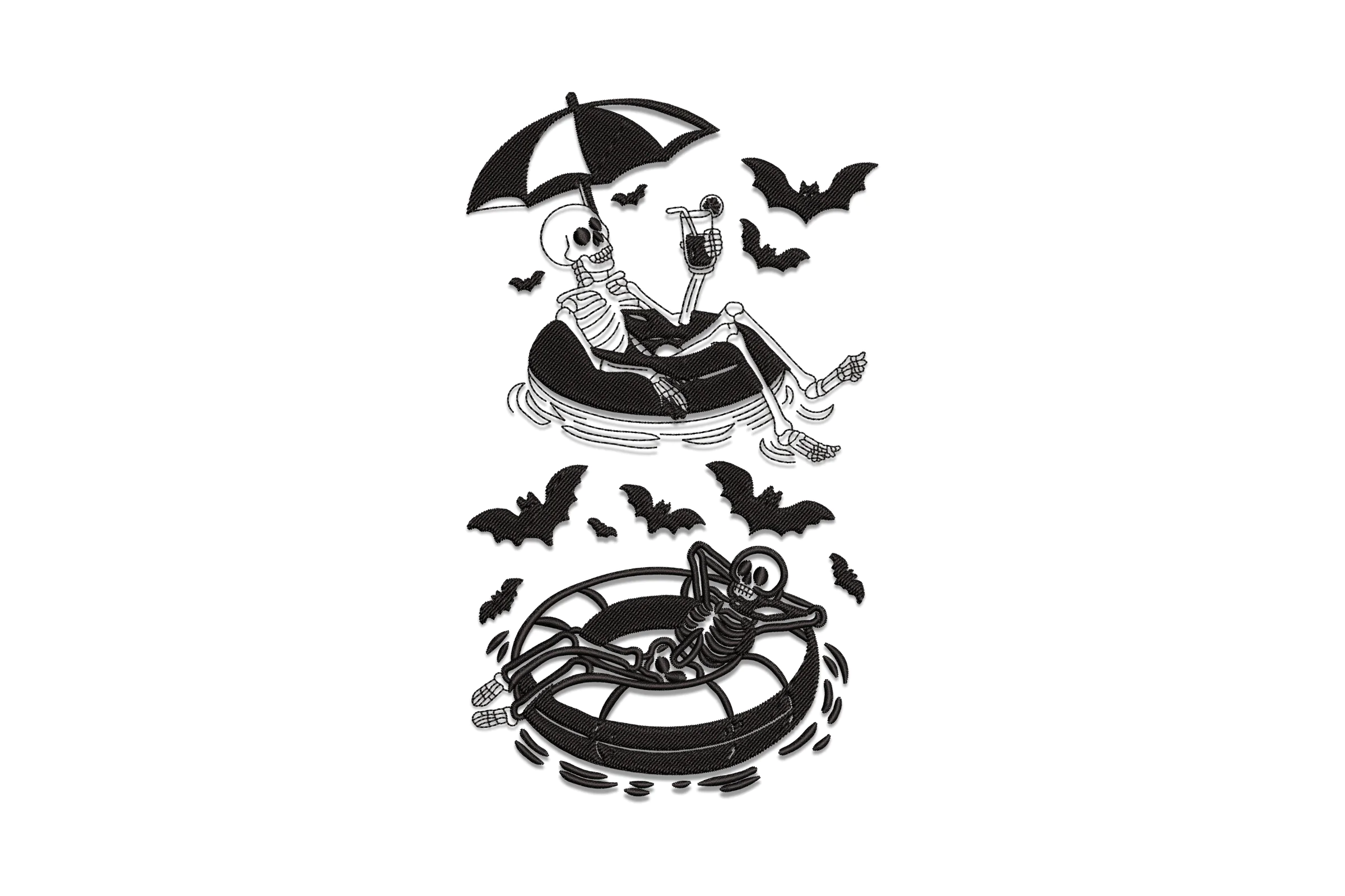 Halloween Skeleton in a Pool Floaty Embroidery Design
