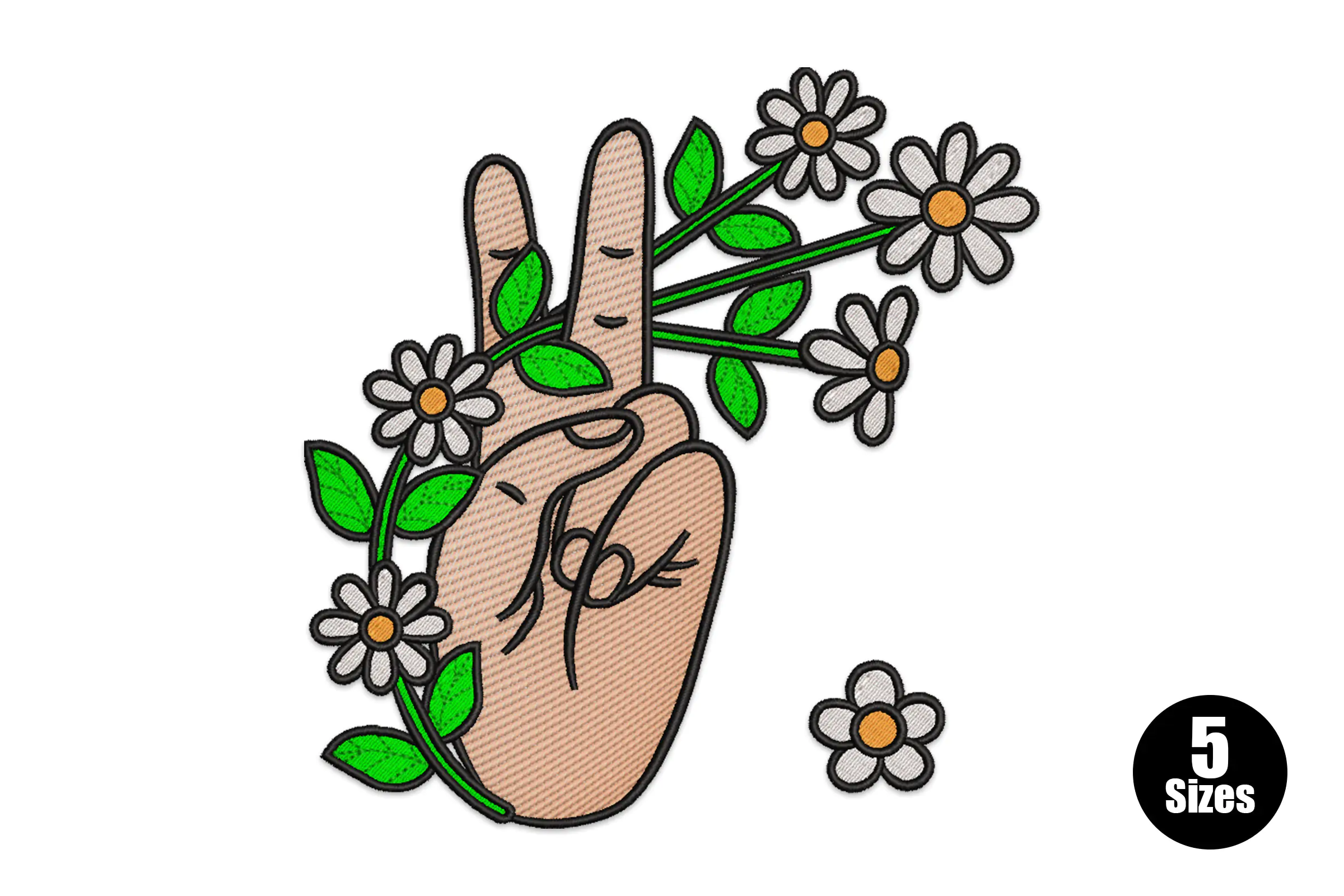 Peace Fingers with Flowers Embroidery Design