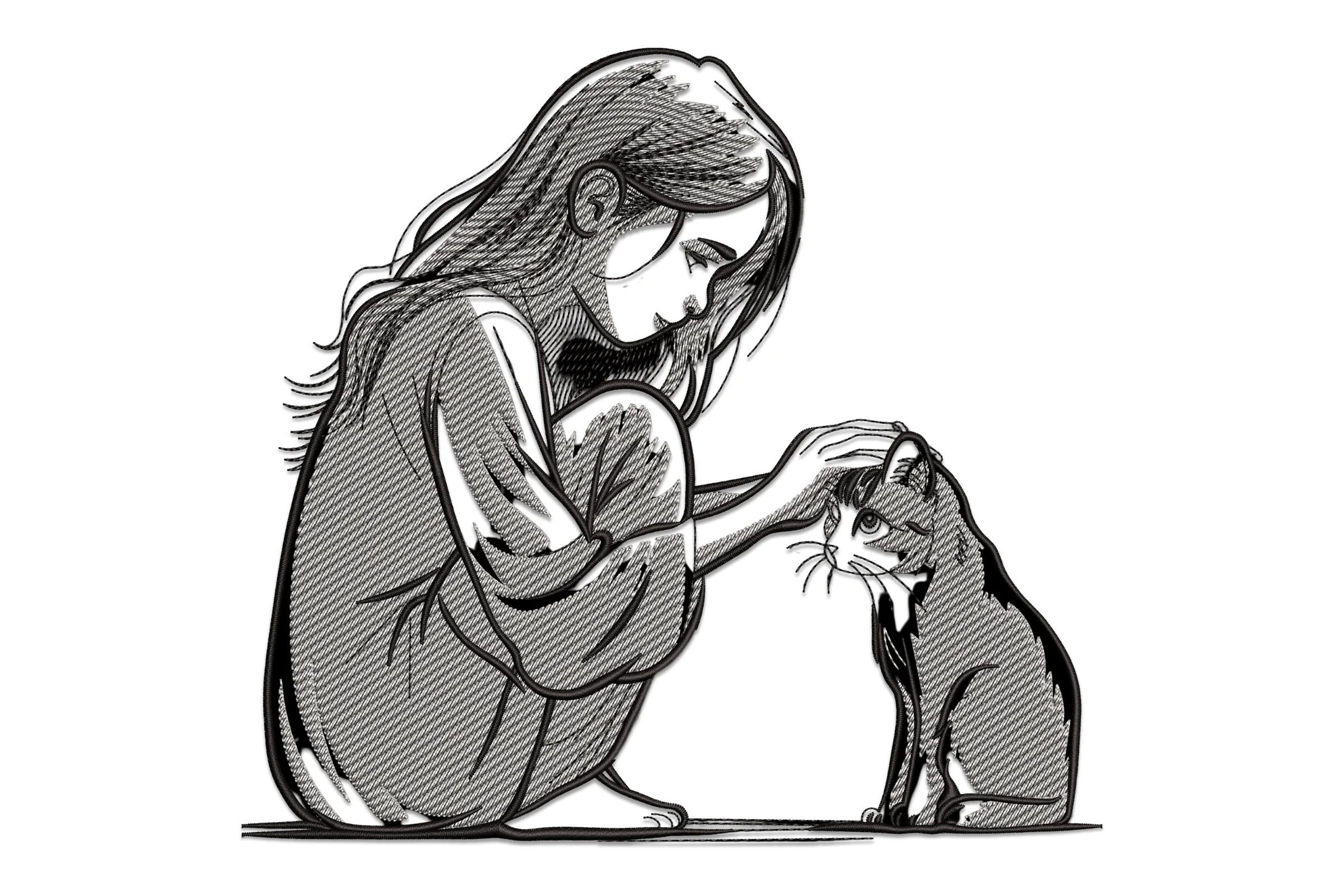 Charming Girl with Cat Embroidery Design