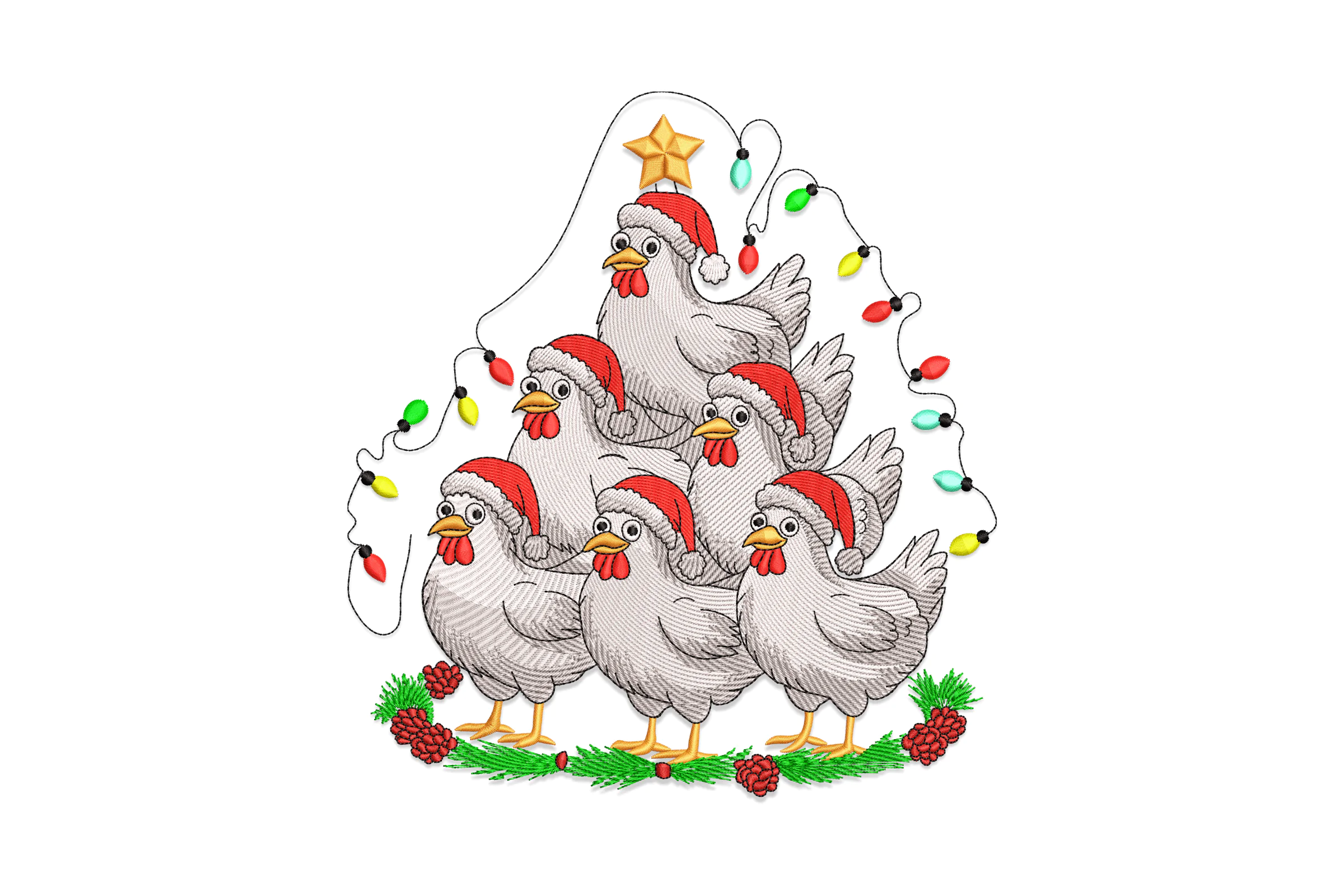 Christmas Chickens Tree Embroidery Design
