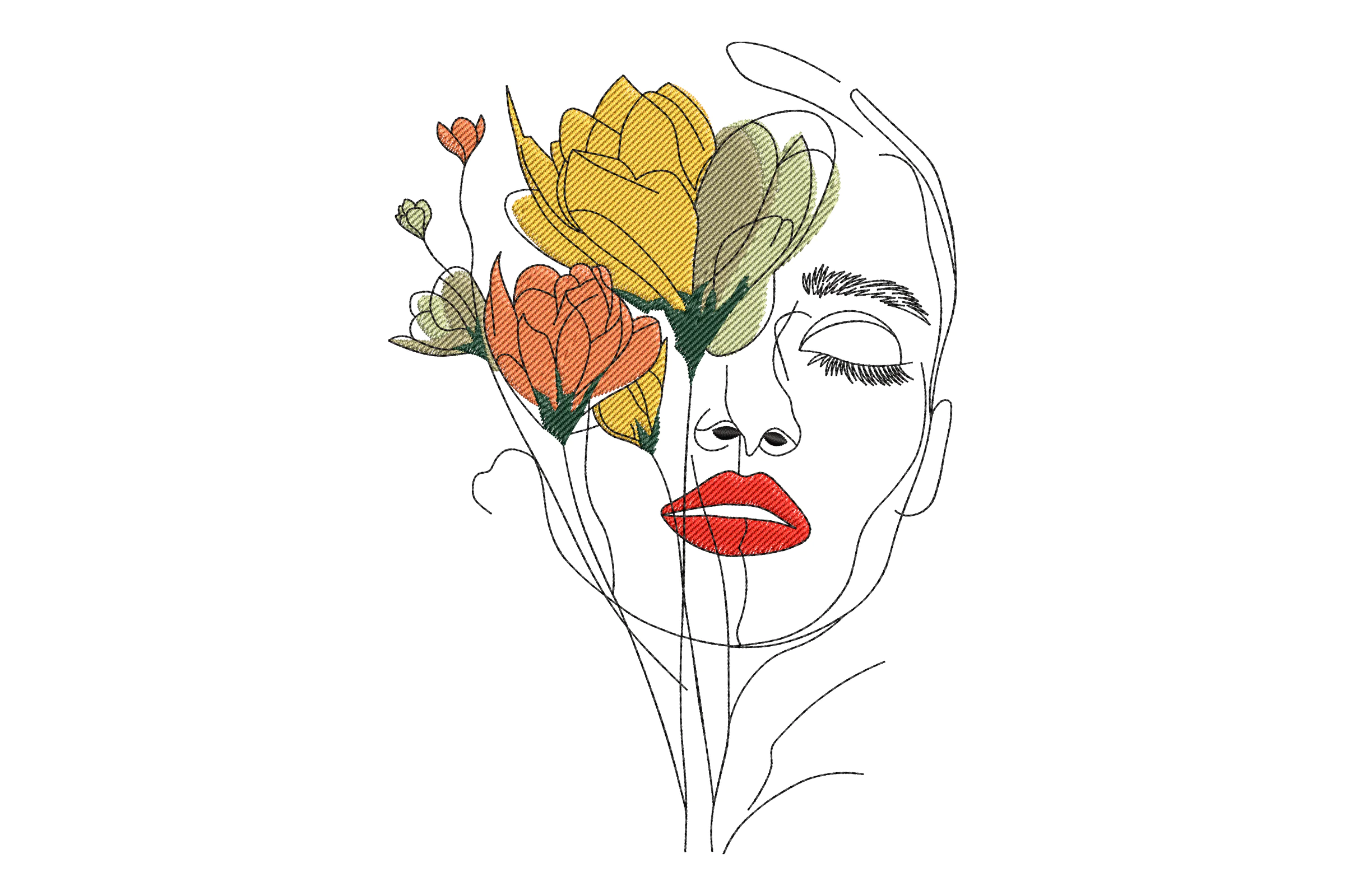 Floral Face Line Art Embroidery Design