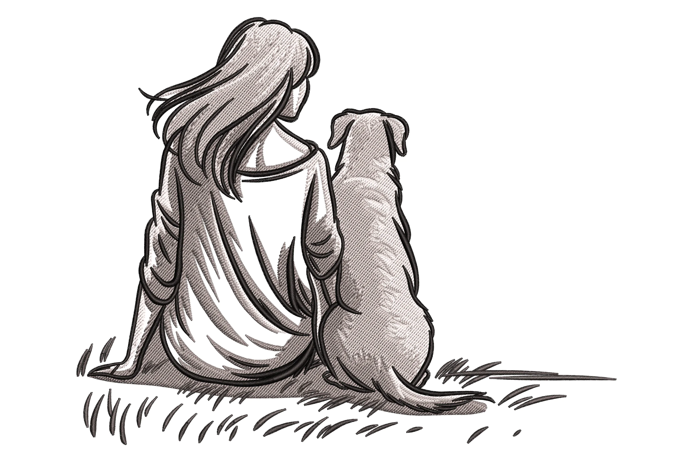 Woman and Dog Sitting Together Embroidery Design