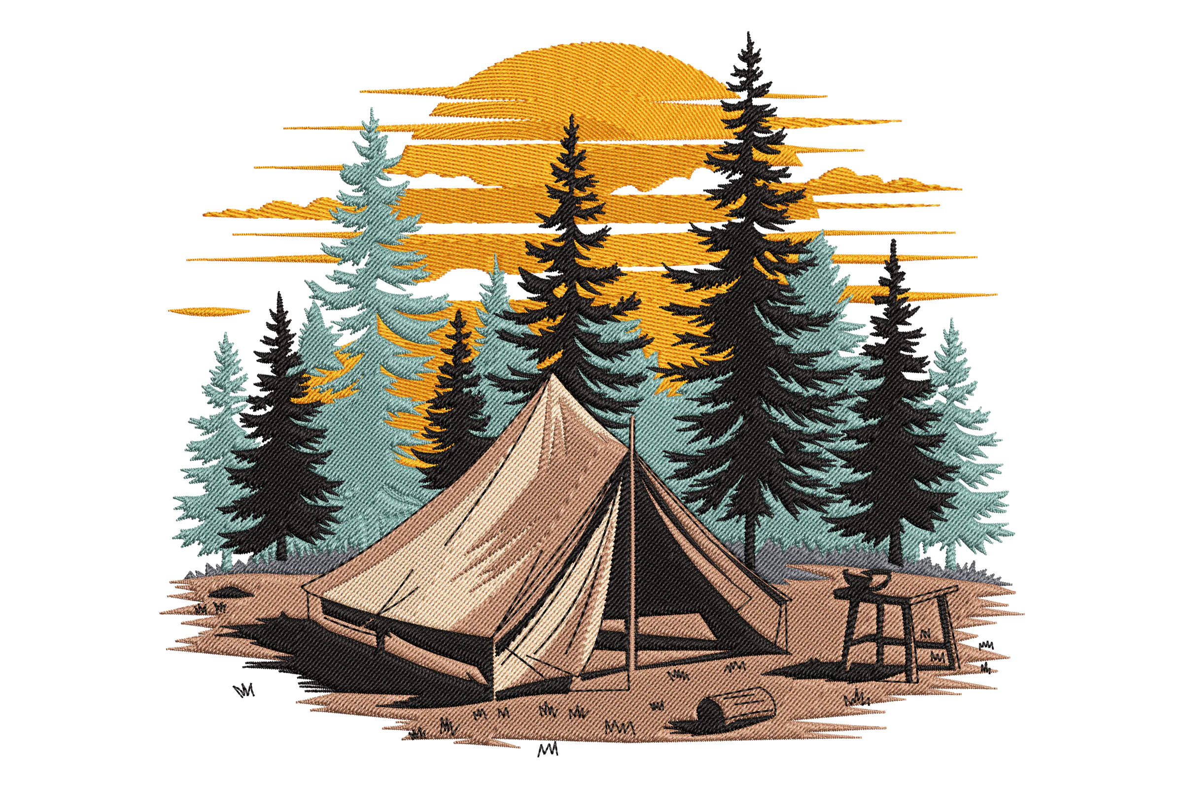 Camping Tent and Pine Forest Embroidery Design