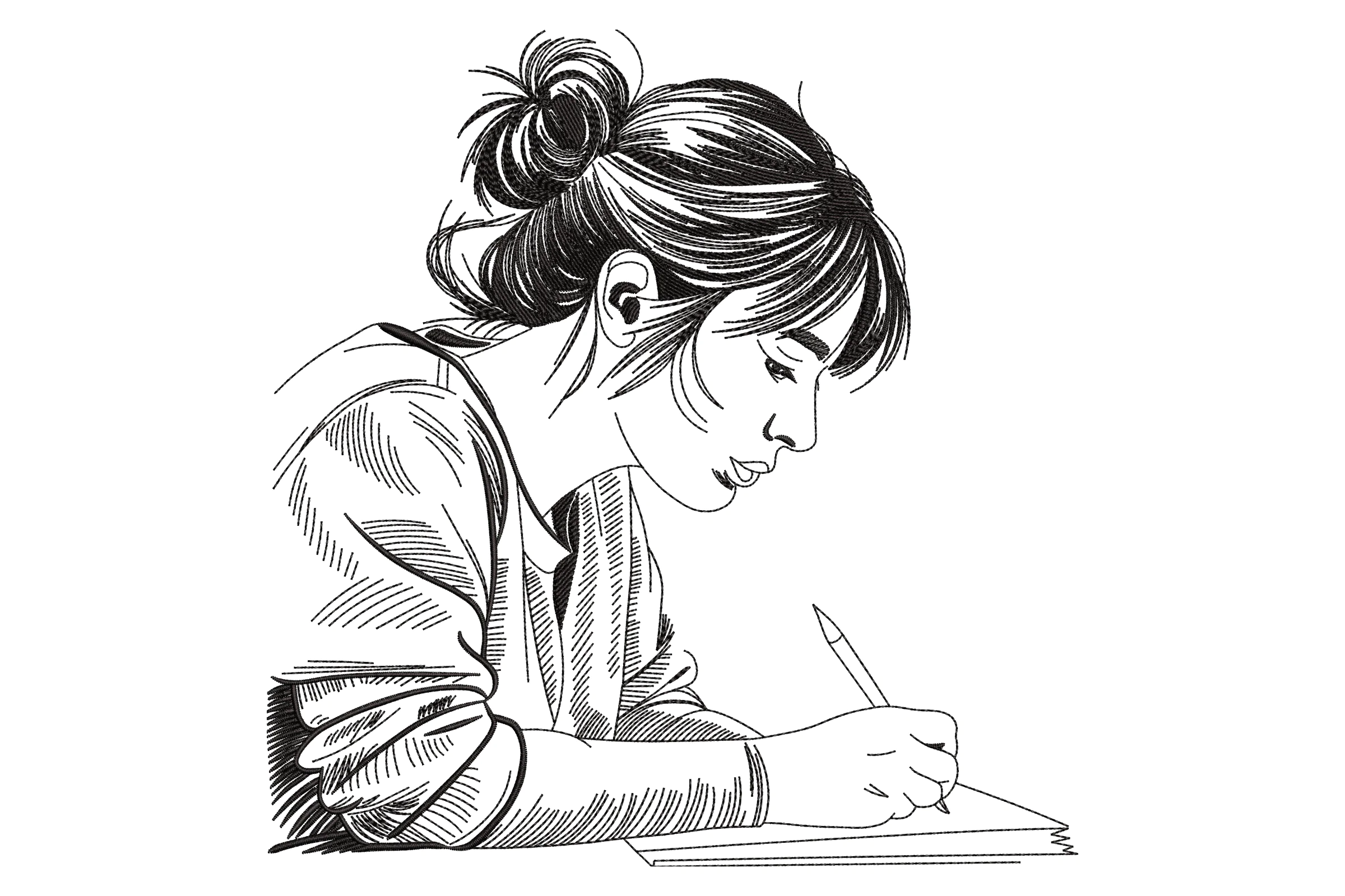 Thoughtful Woman Writing Embroidery Design