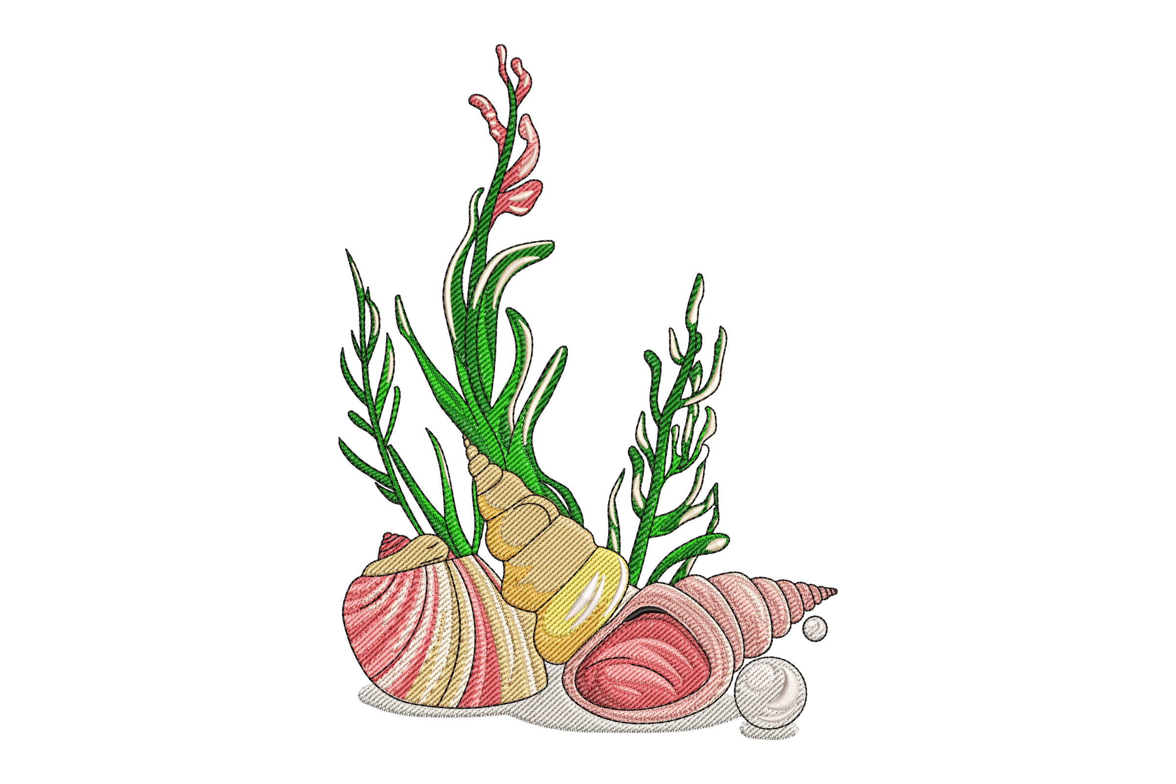 Seashells with Green Seaweed Embroidery Design