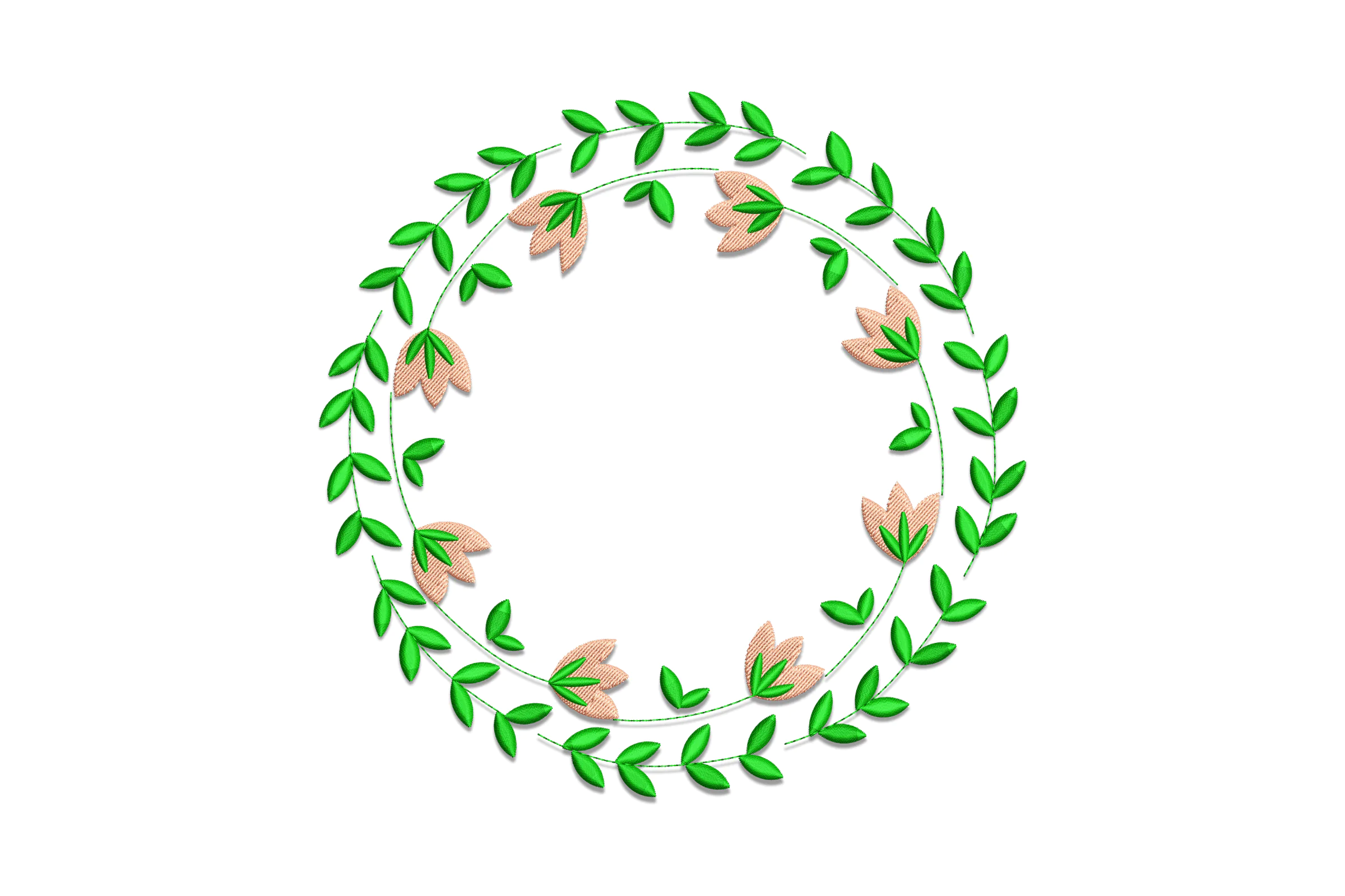Green Leaf and Peach Flower Wreath Embroidery Design