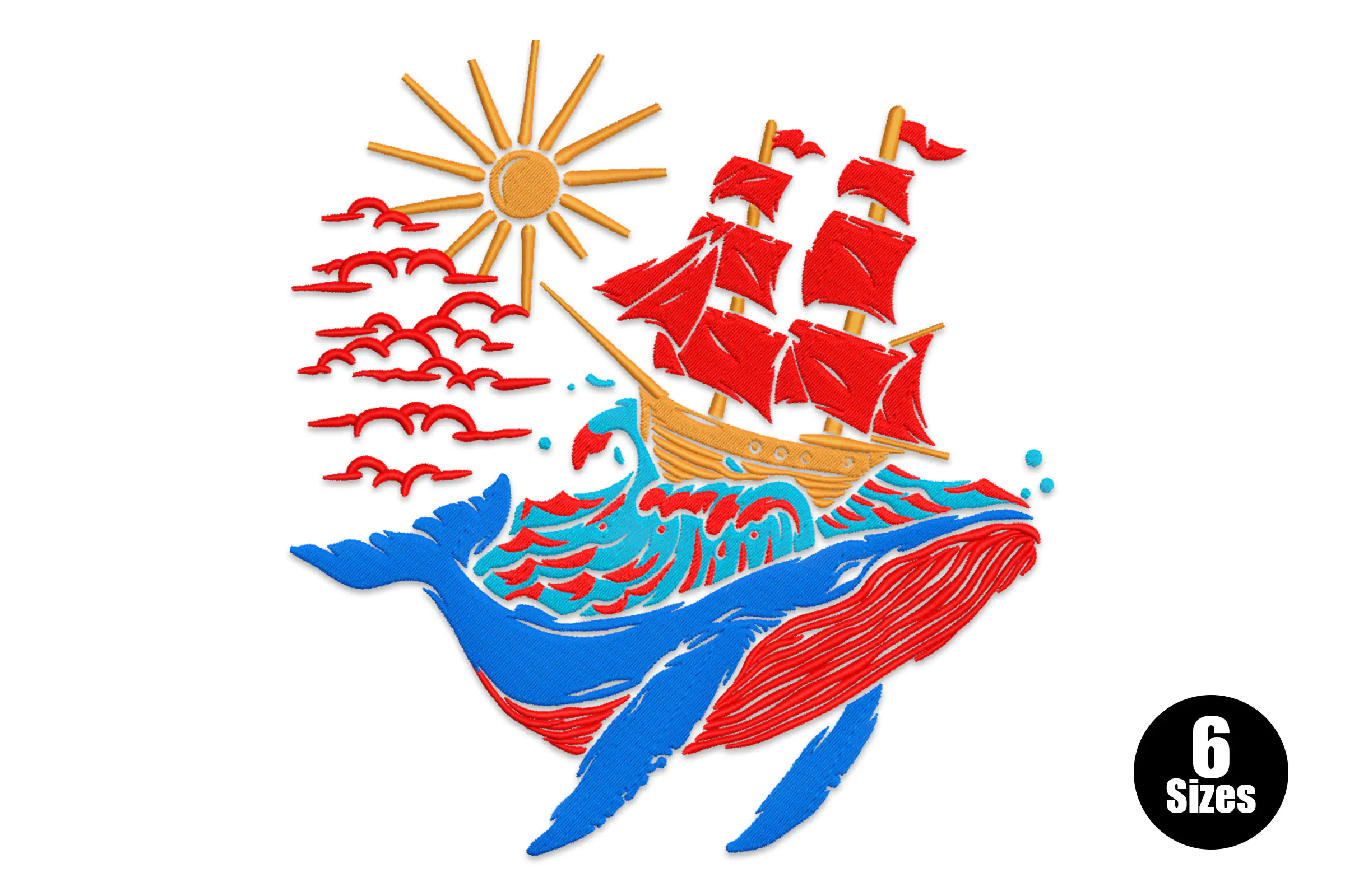 Whale and Ship Embroidery Design