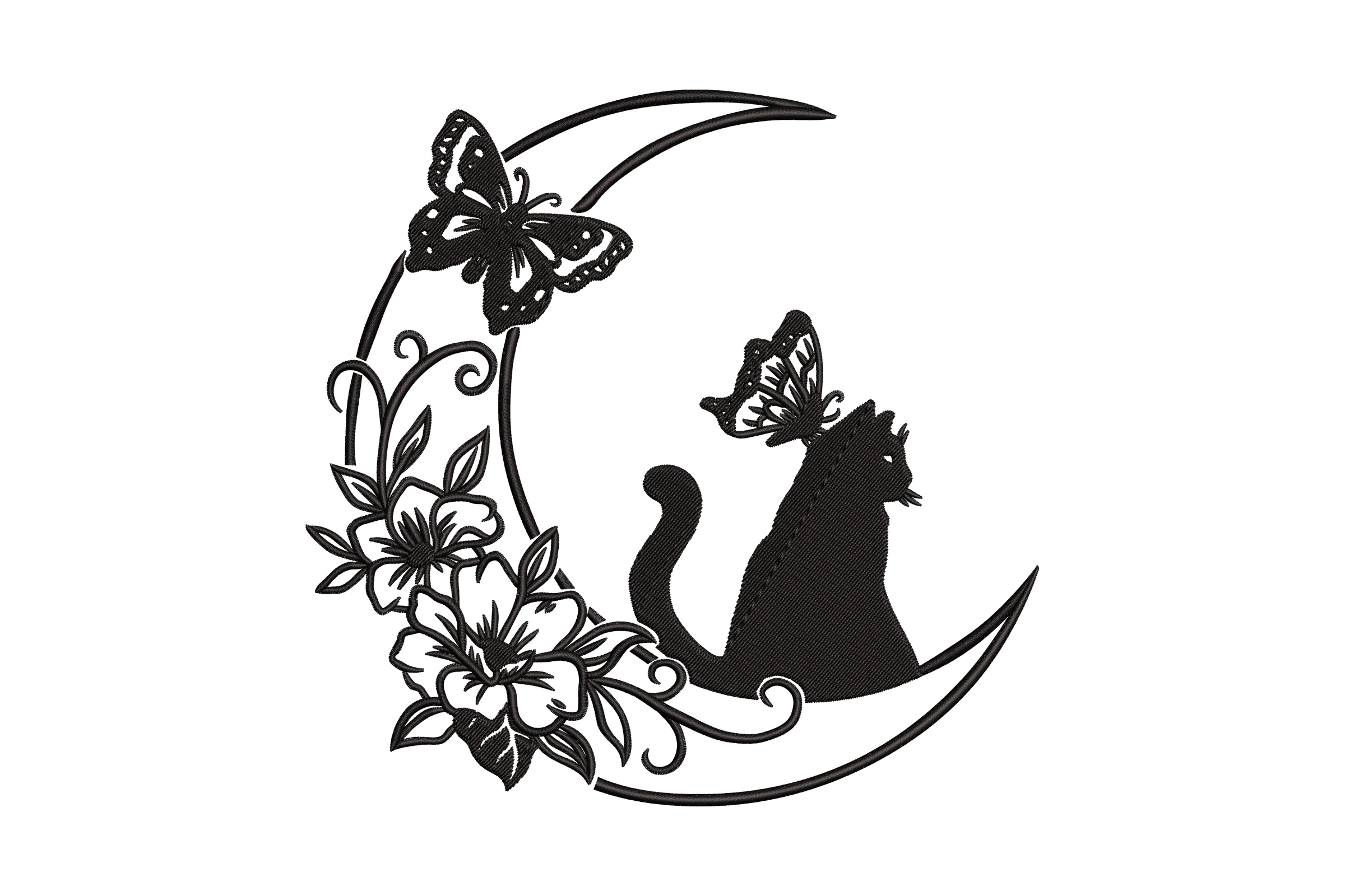 Cat and Moon Embroidery Design