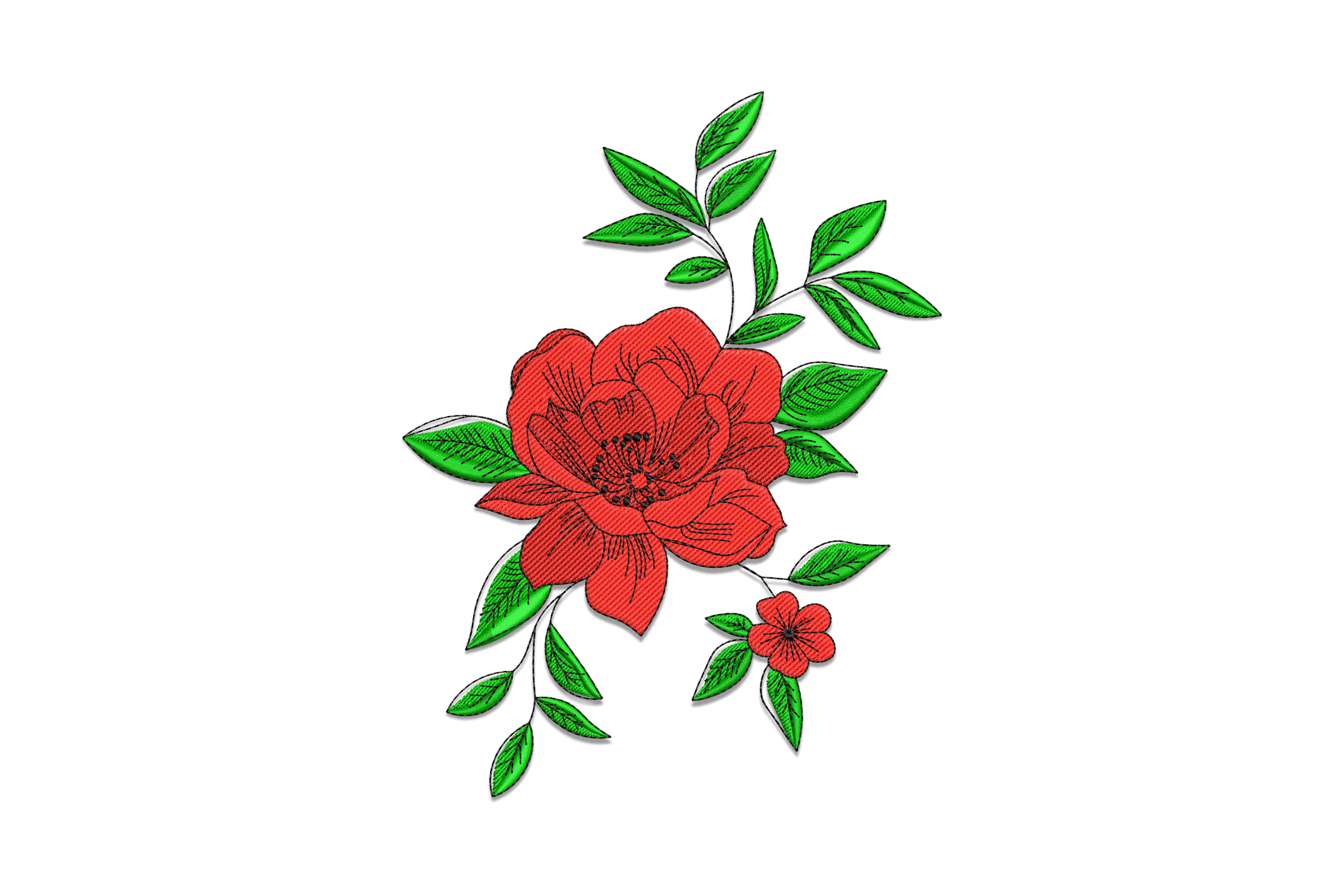 Red Flower Embroidery Design with Green Leaves