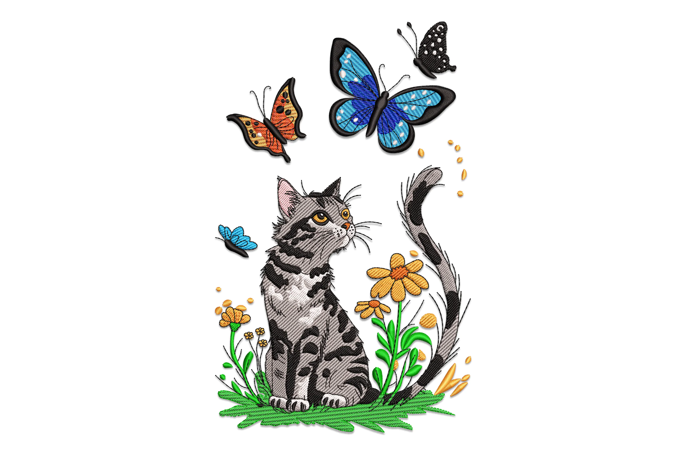 Cat and Butterflies Garden Embroidery Design