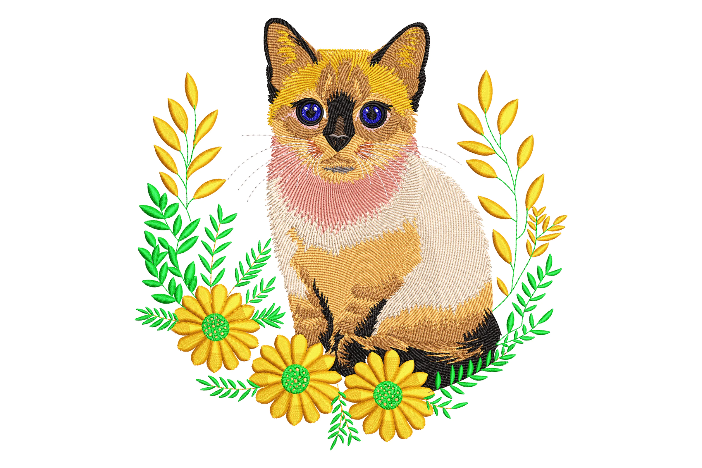 Adorable Cat with Flowers Embroidery Design
