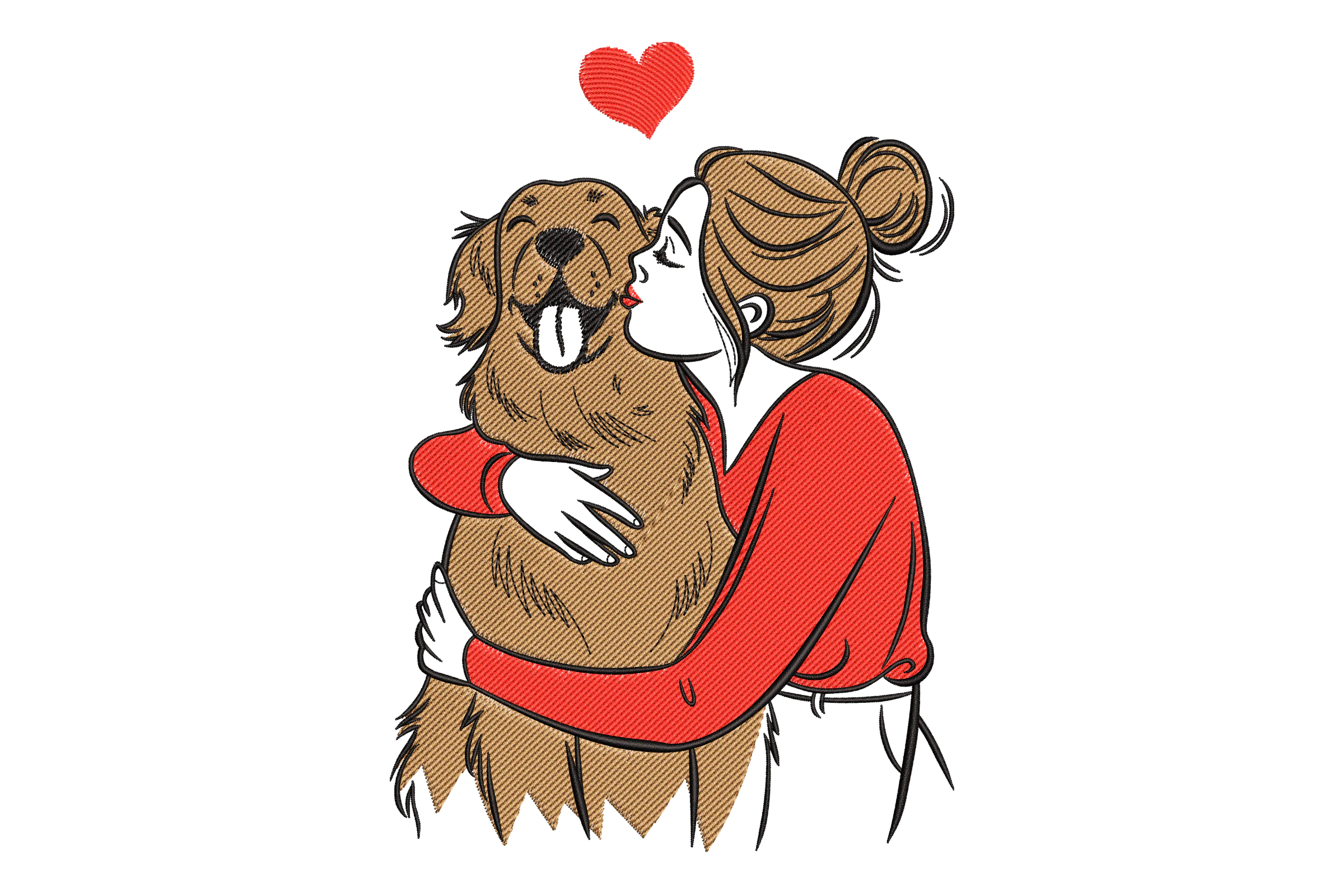 Woman Hugging Dog with Love Embroidery Design