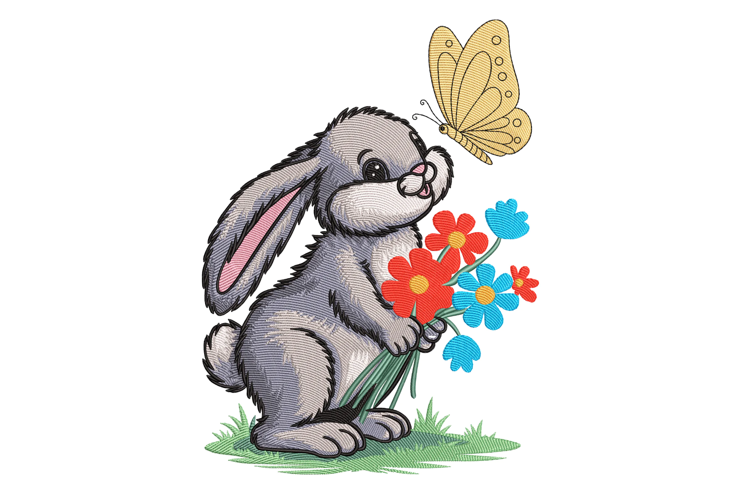 Bunny with Flowers and Butterfly Embroidery Design