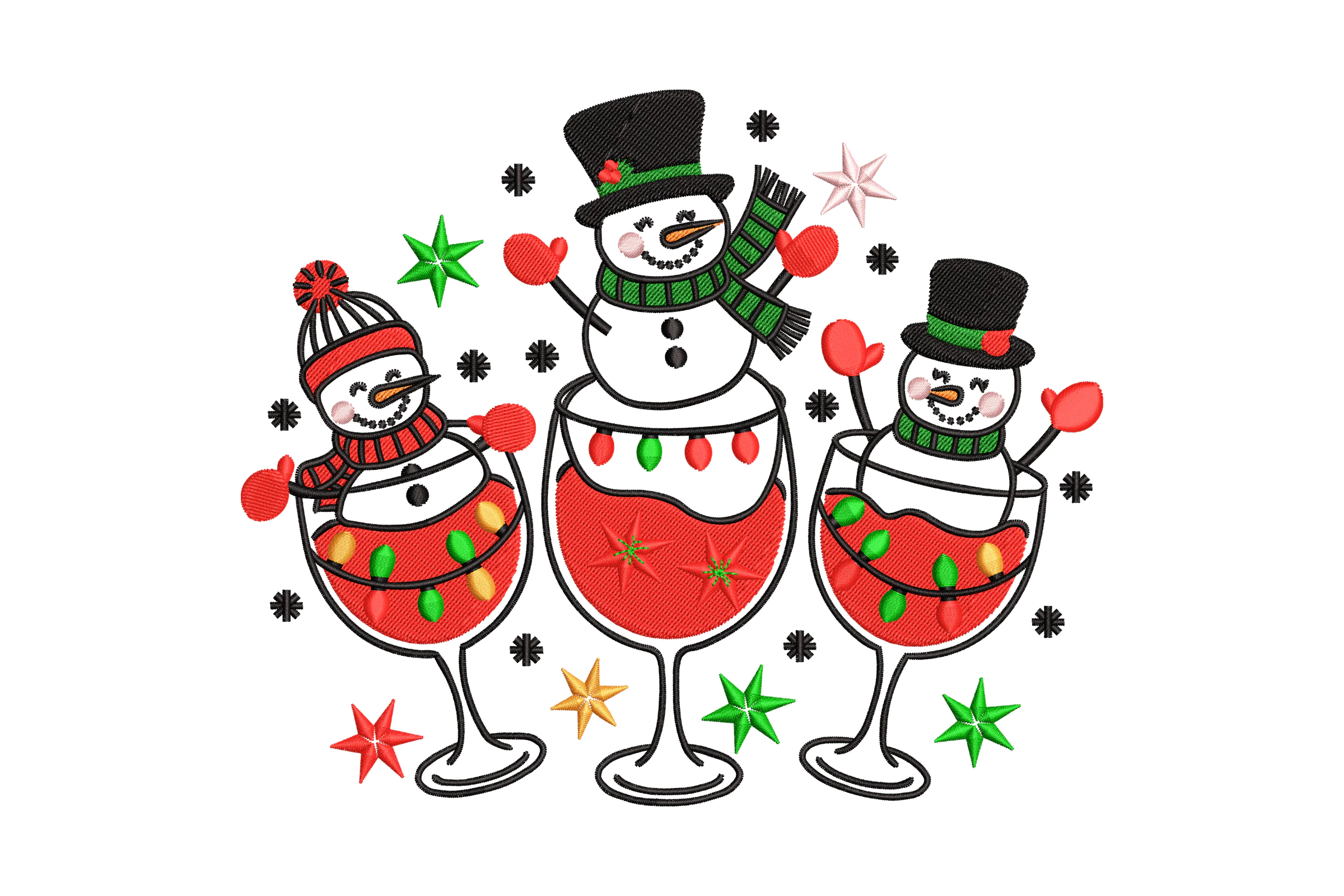 Snowmen in Wine Glasses Embroidery Design