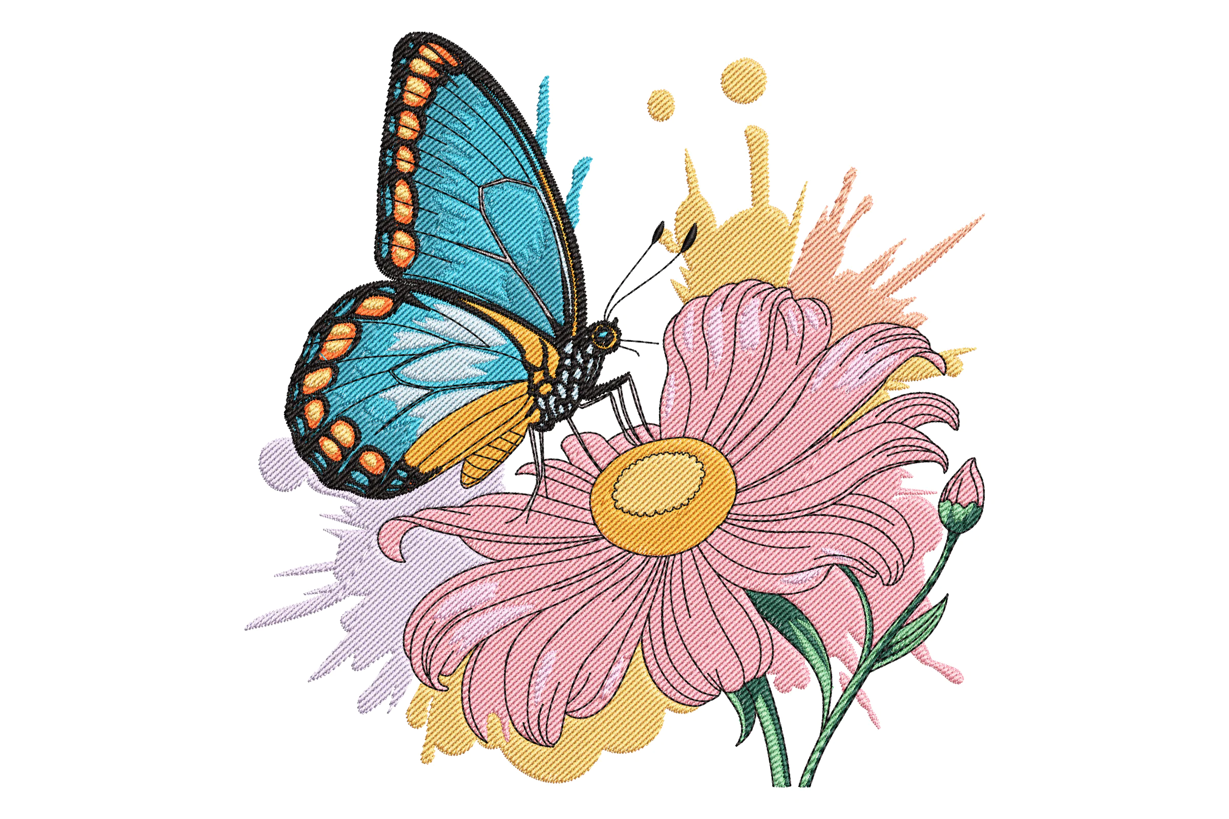 Pink Flower With Butterfly Embroidery Design