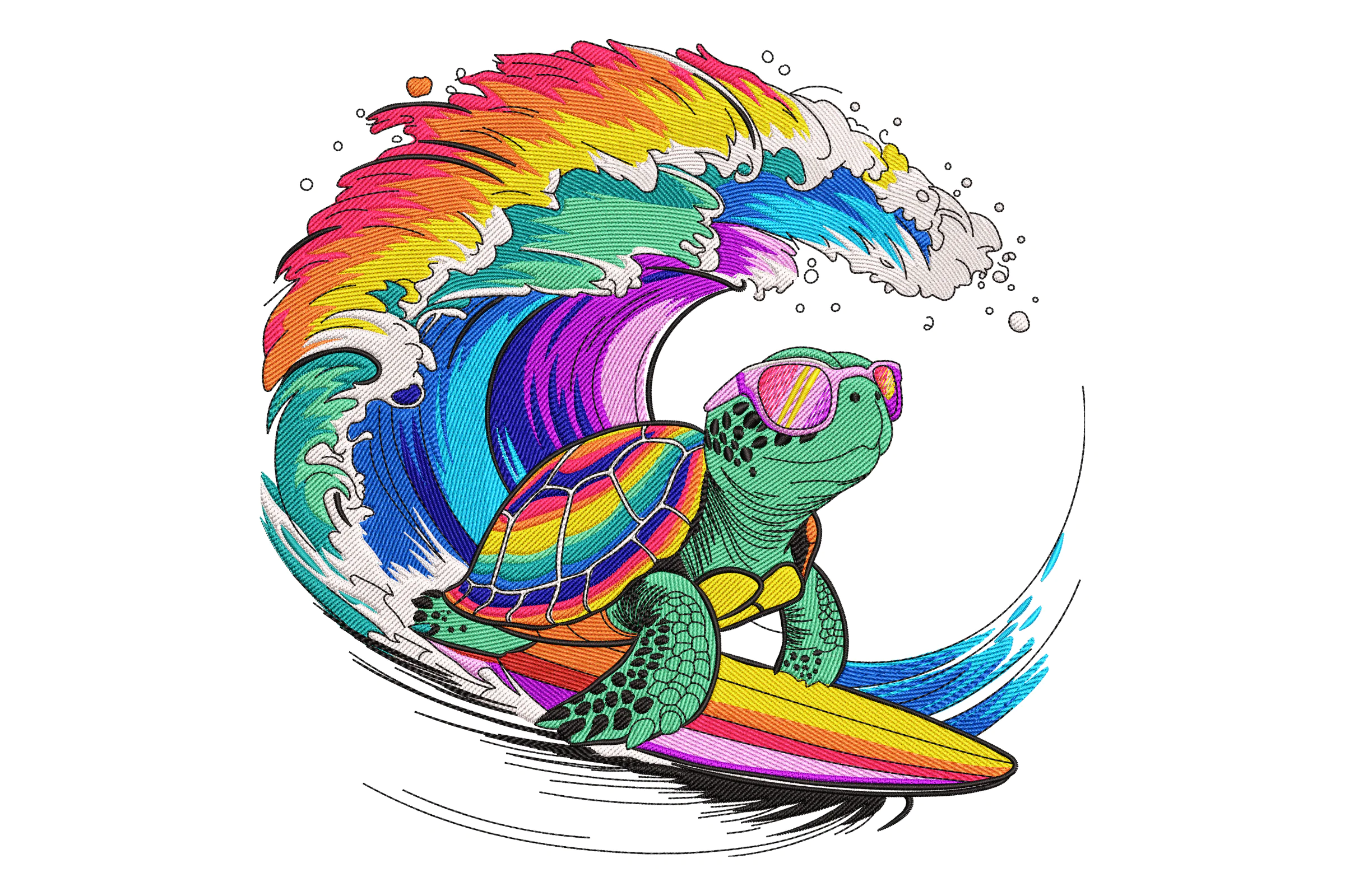 Rainbow Surfing Turtle Embroidery Design
