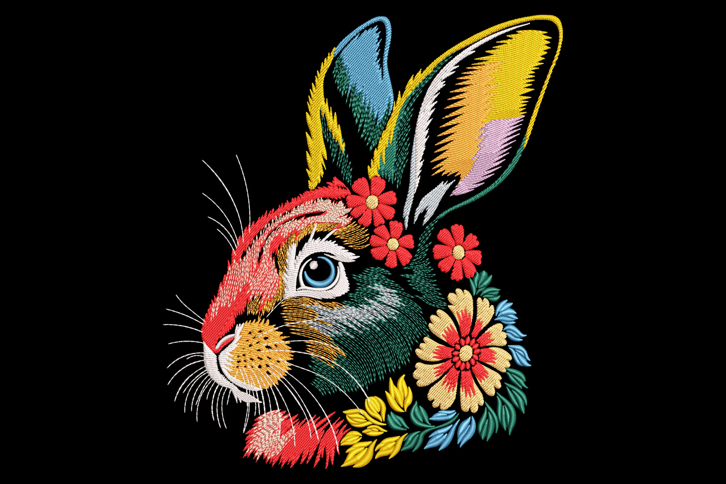 Colorful Floral Rabbit Embroidery Design