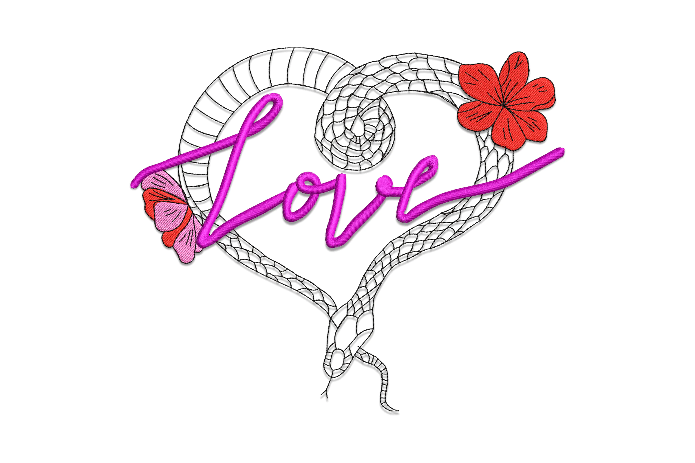 Snake Love Heart with Floral Embroidery Design