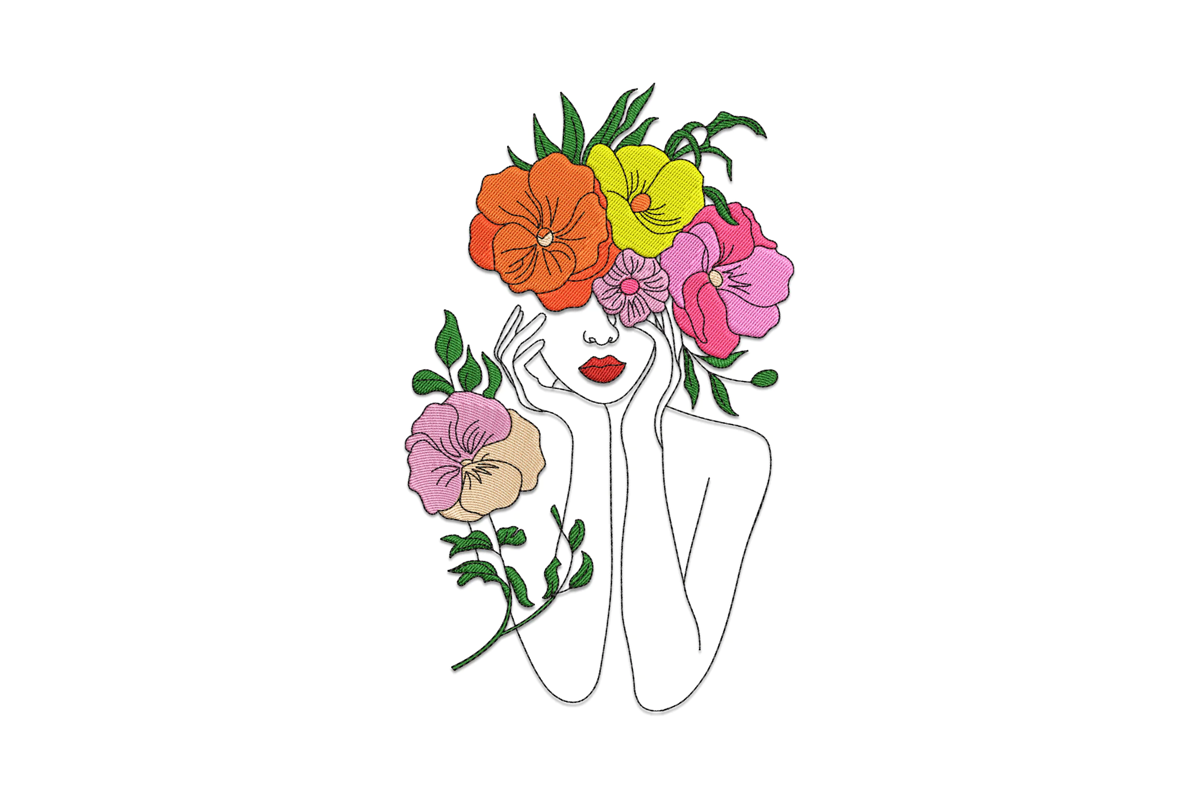 Woman With Flowers Embroidery Design Pattern