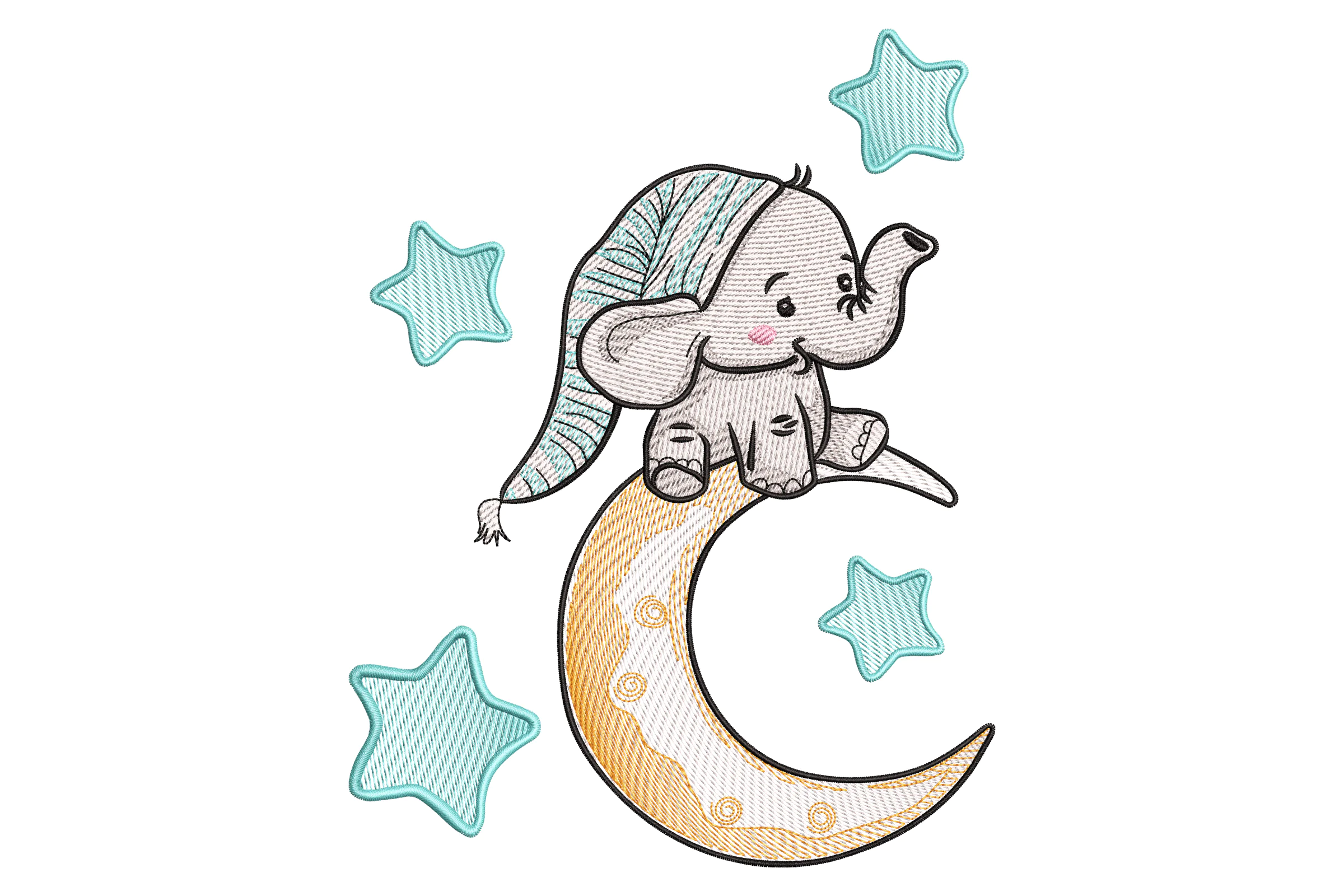 Sleepy Elephant on Moon Embroidery Design