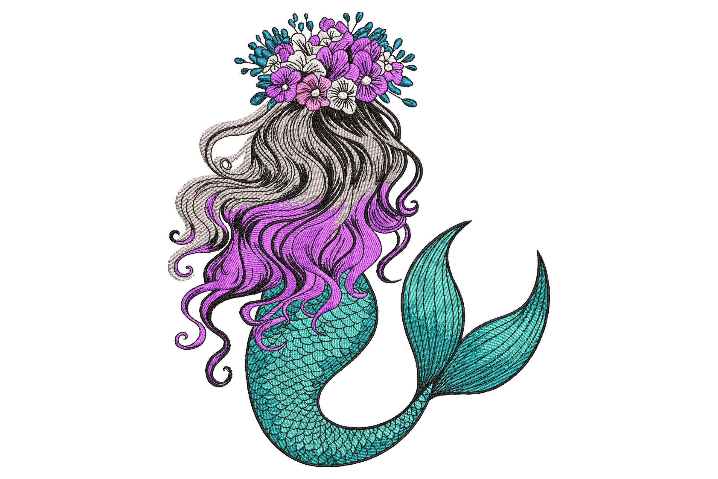 Mermaid Girl with Floral Crown Embroidery Design