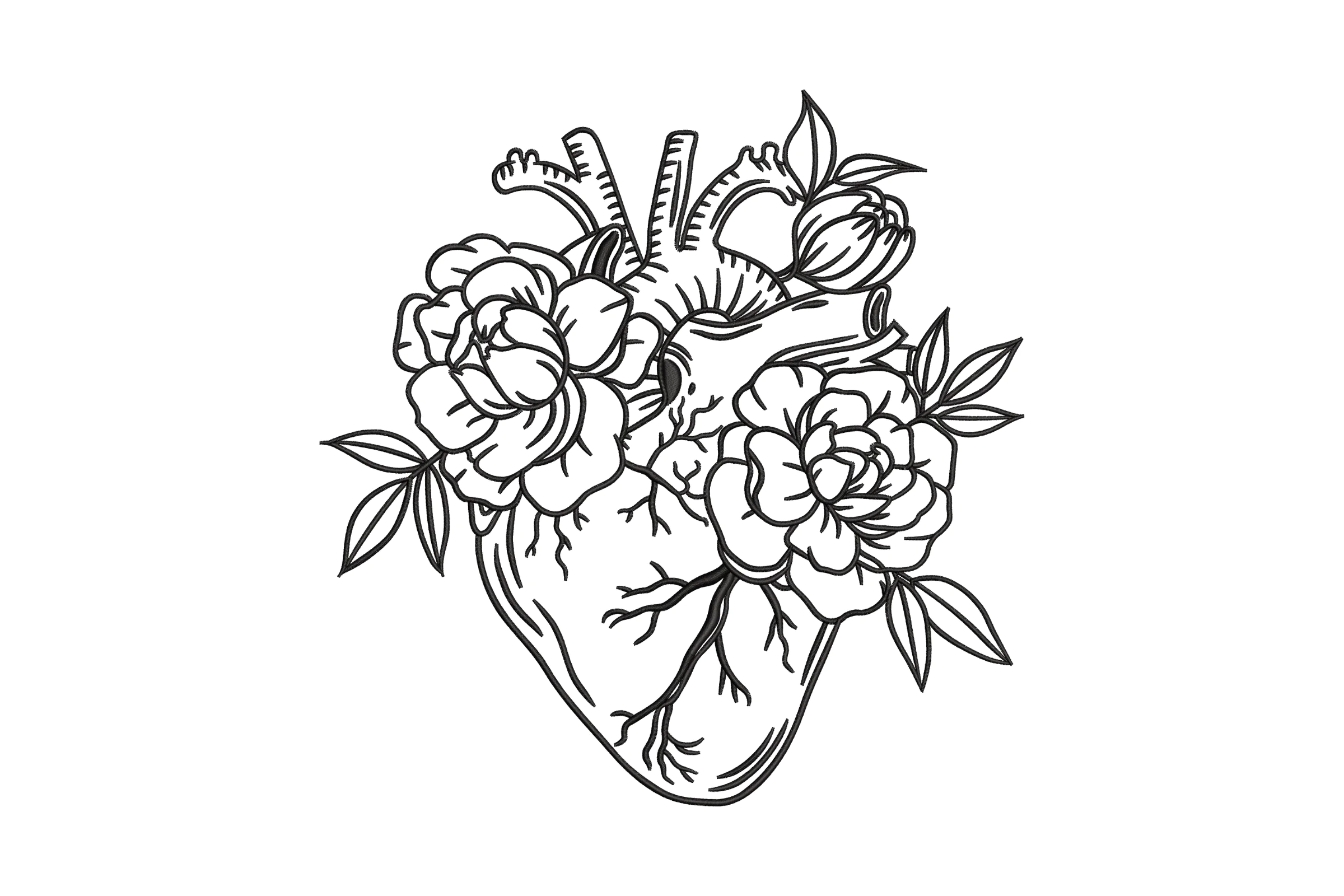 Anatomical Heart in Flowers Embroidery Design