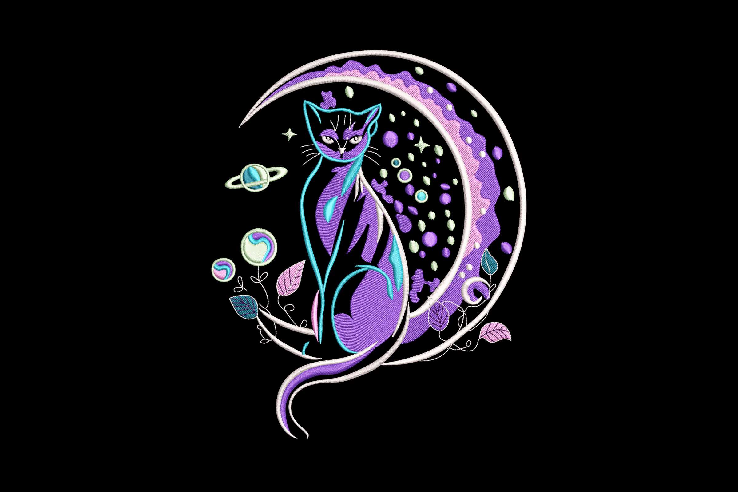 Cat Moon and Flowers Embroidery Design