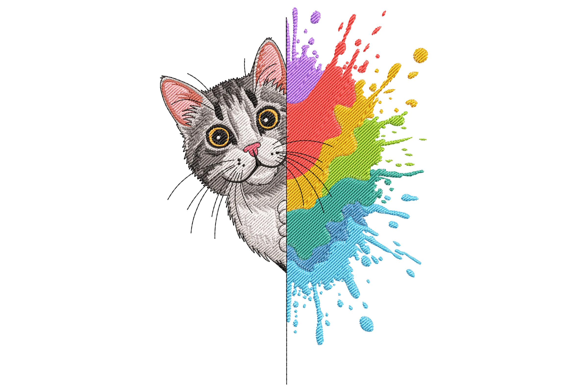 Cat with Rainbow Splash Embroidery Design