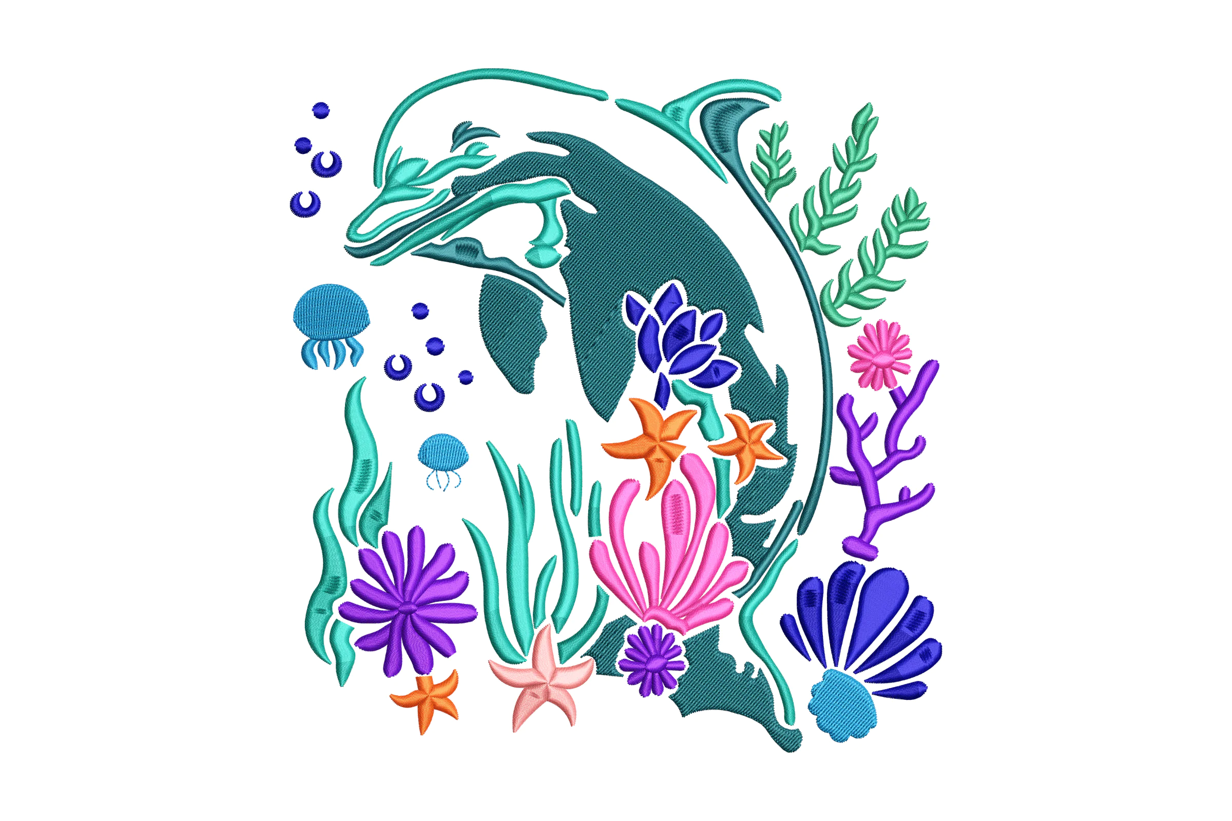 Dolphin With Underwater Flowers Embroidery Design