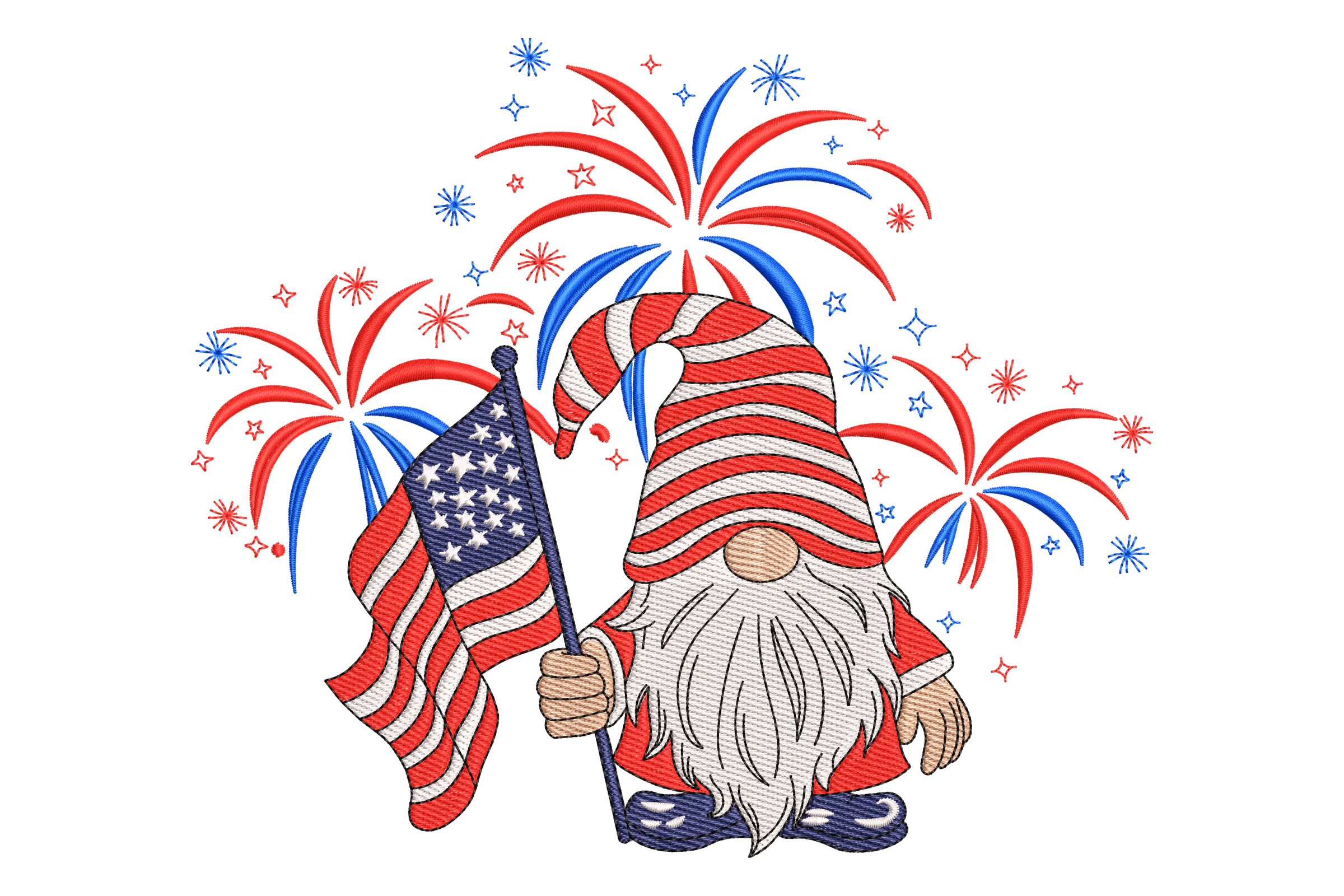 Patriotic Gnome with Fireworks Embroidery Design