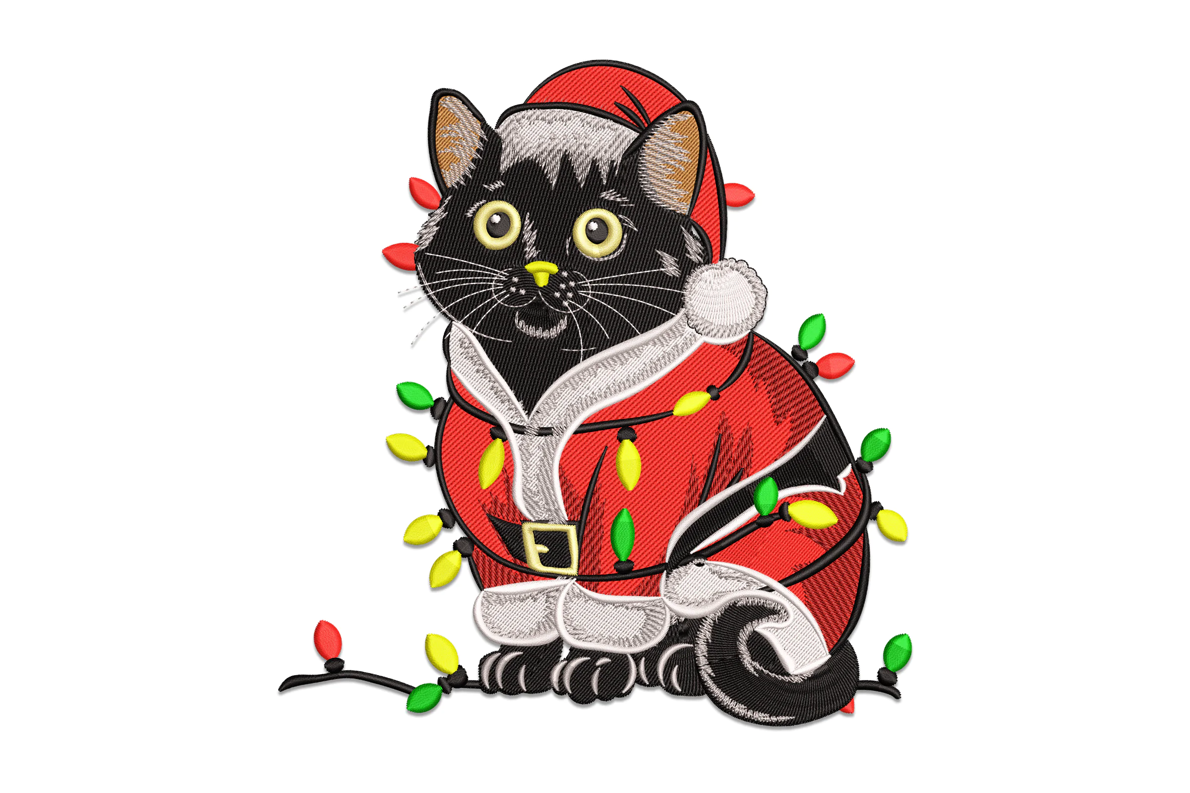 Black Cat with Christmas Lights Embroidery Design