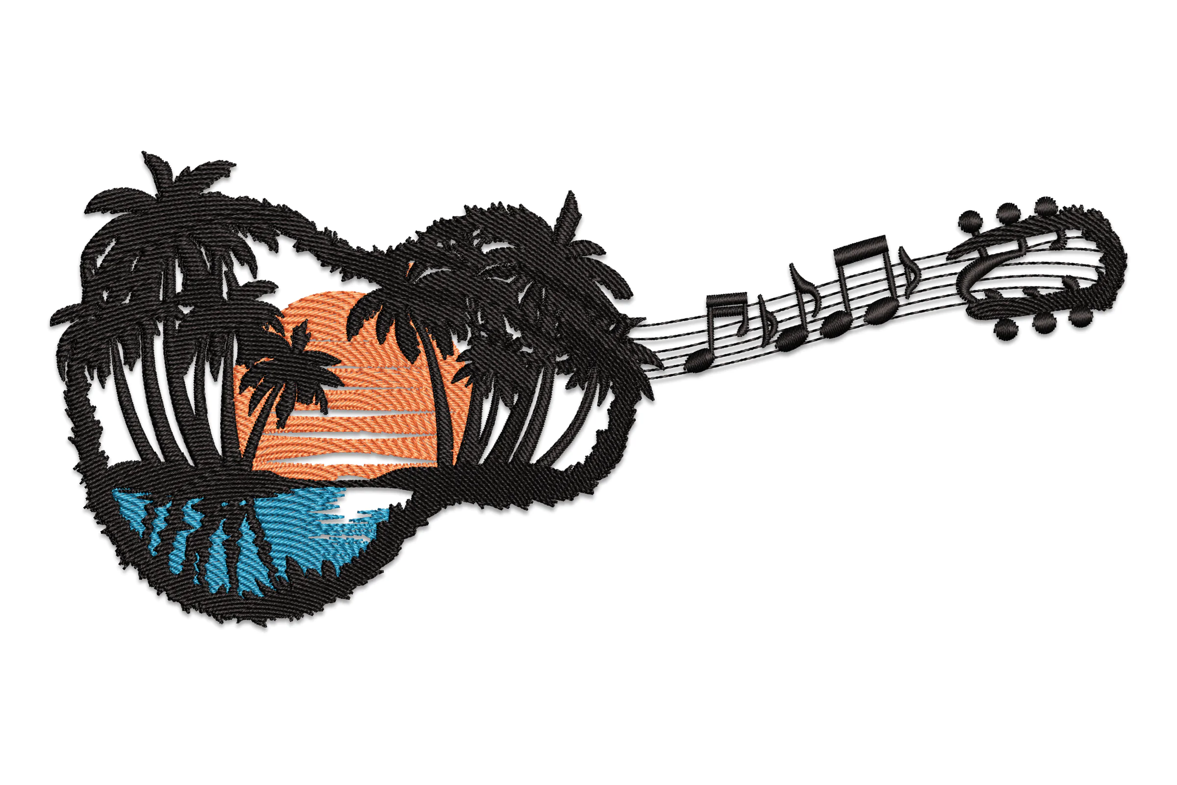 Guitar With Sunset And Palm Trees Embroidery Design