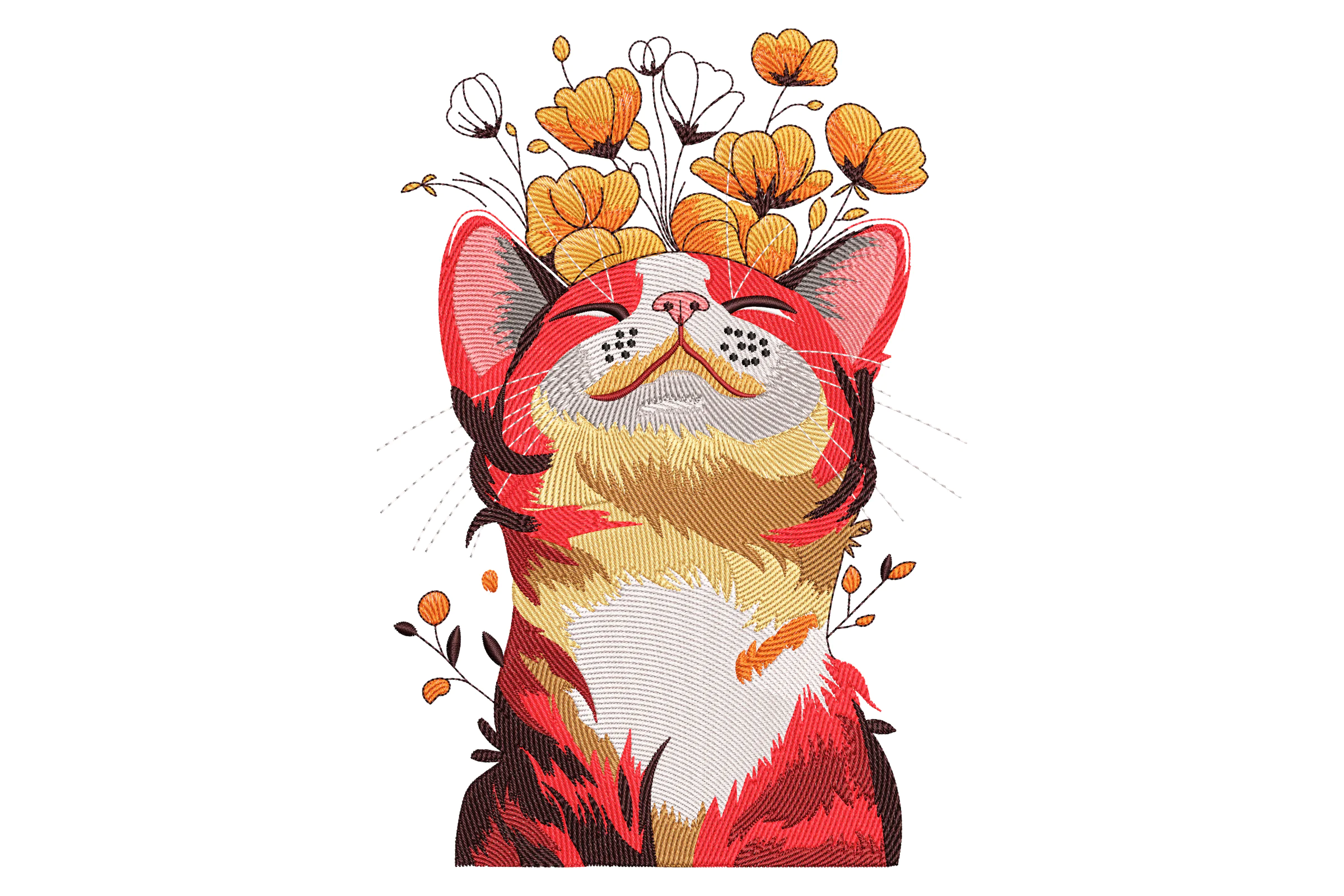 Whimsical Floral Cat Embroidery Design