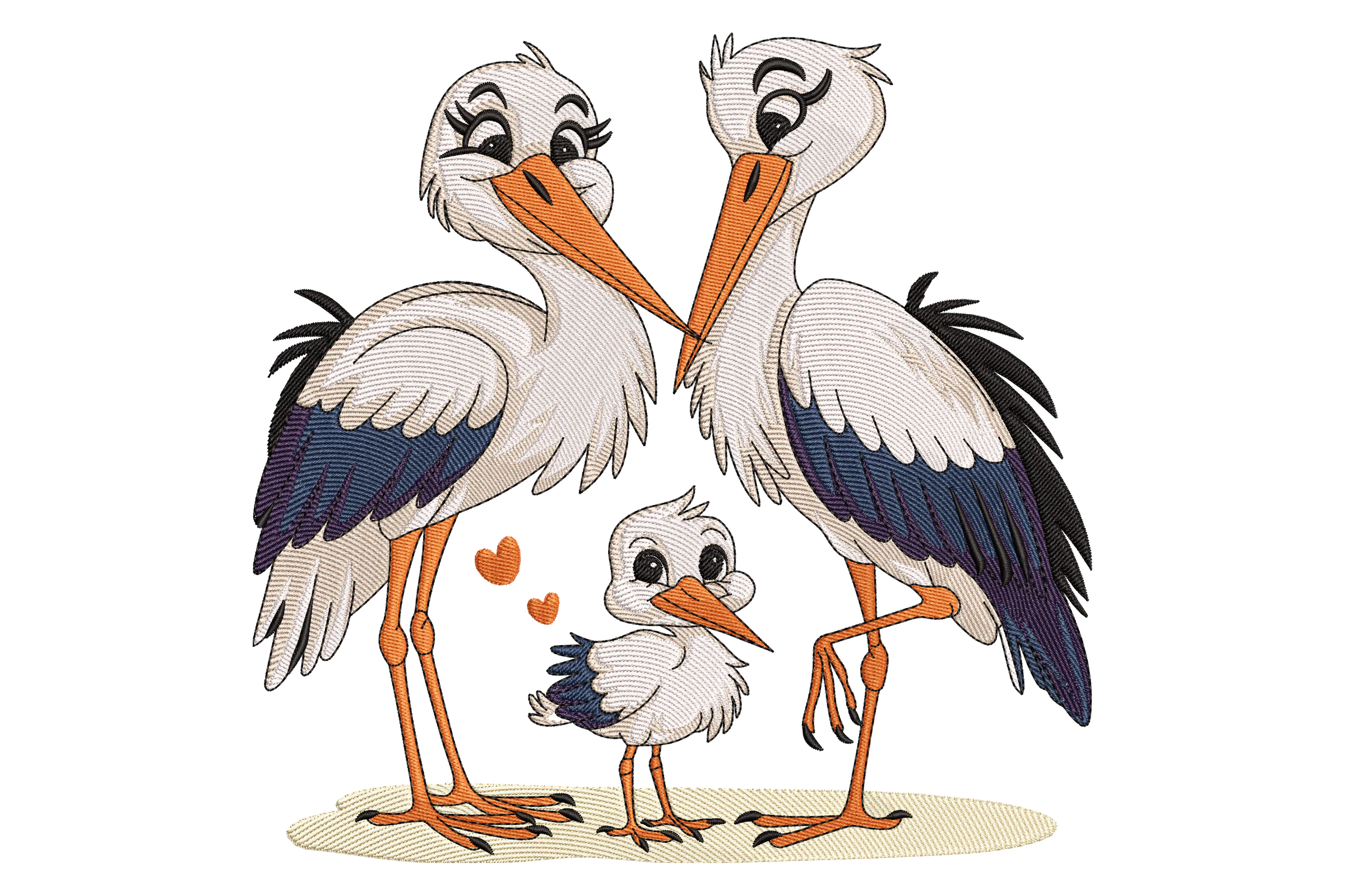 Stork Family with Hearts Embroidery Design