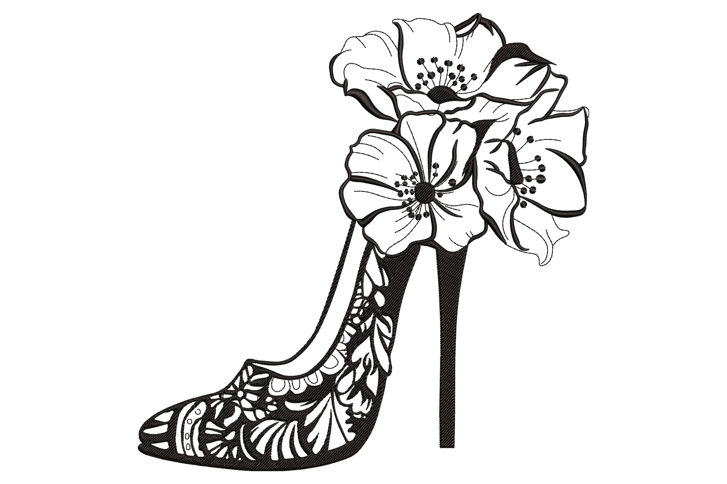 High Heel with Flowers Embroidery Design