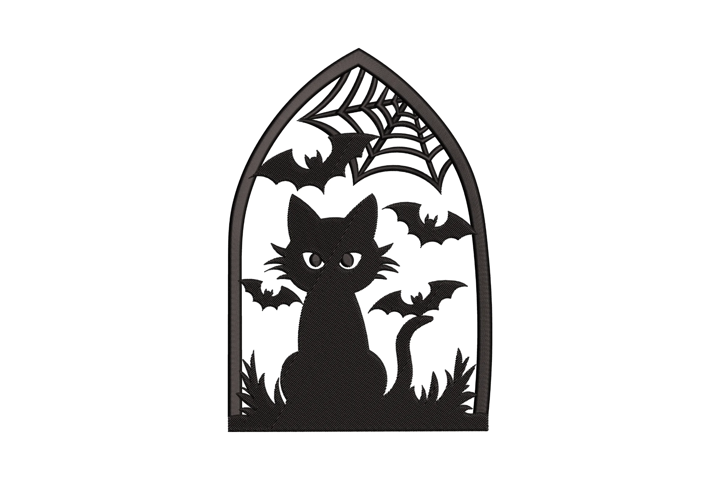 Free Halloween Cat with Bats and Spider Web Embroidery Design