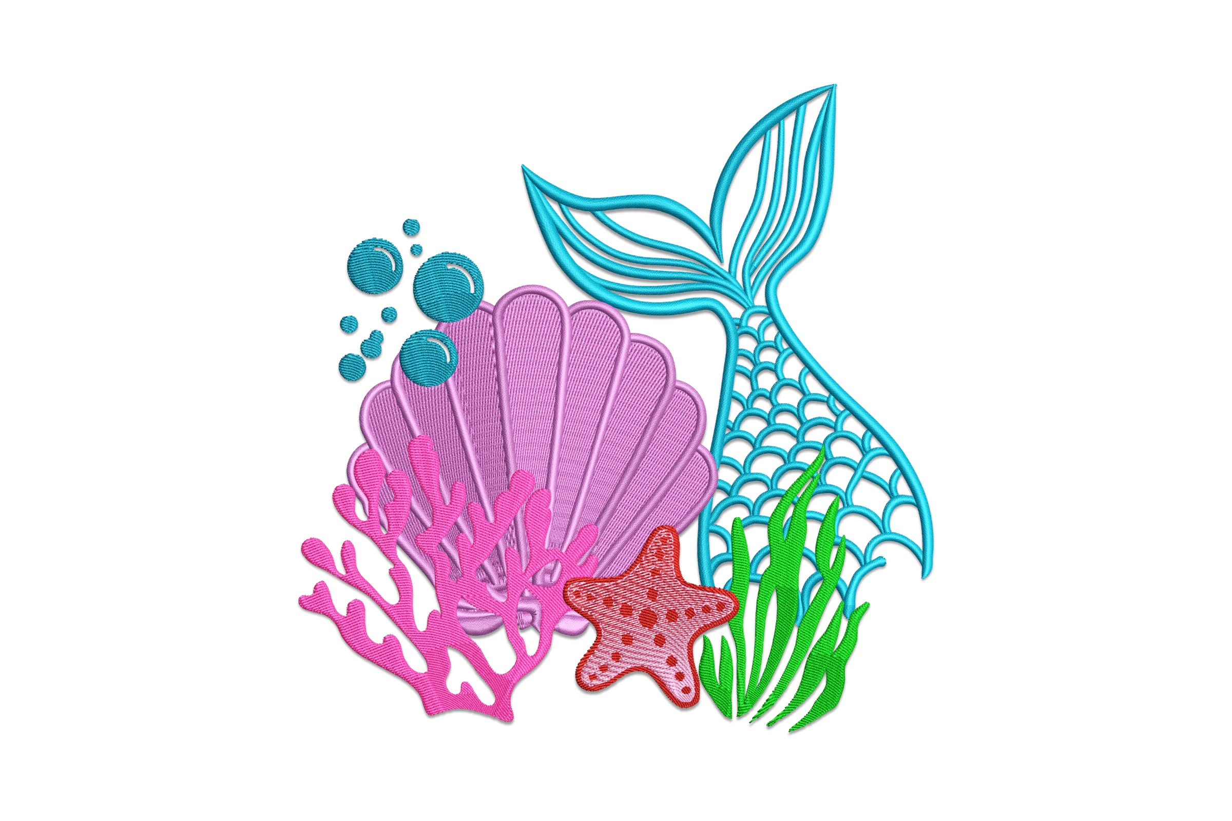 Mermaid Tail with Coral, Shell, and Bubbles Embroidery Design